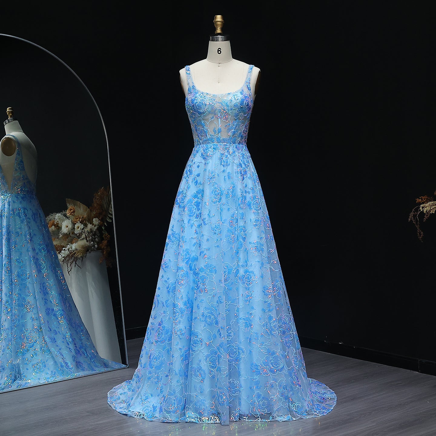Luxury Floral Embroidery Blue Backless A-line Prom Dress 2025 for Girls Long Graduation Party Gowns