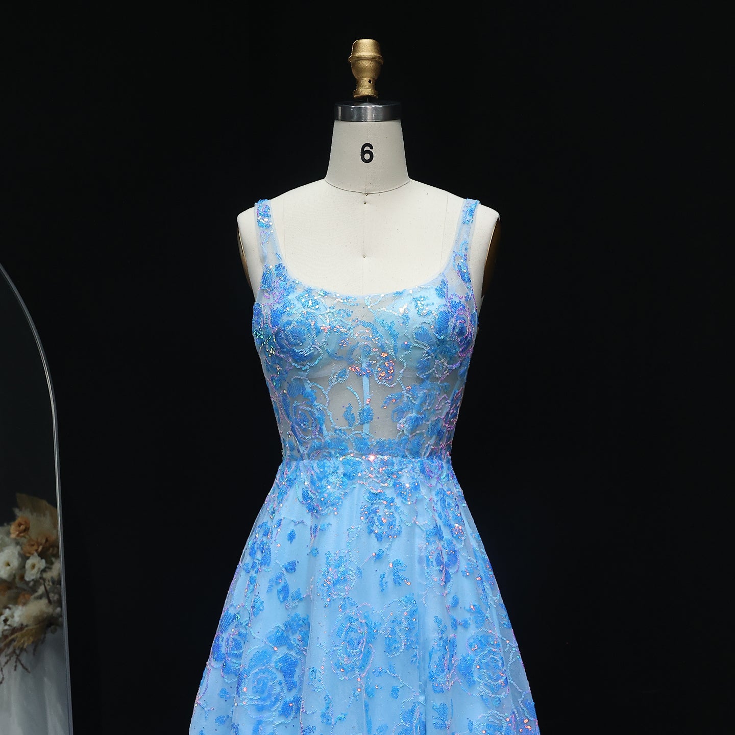 Luxury Floral Embroidery Blue Backless A-line Prom Dress 2025 for Girls Long Graduation Party Gowns