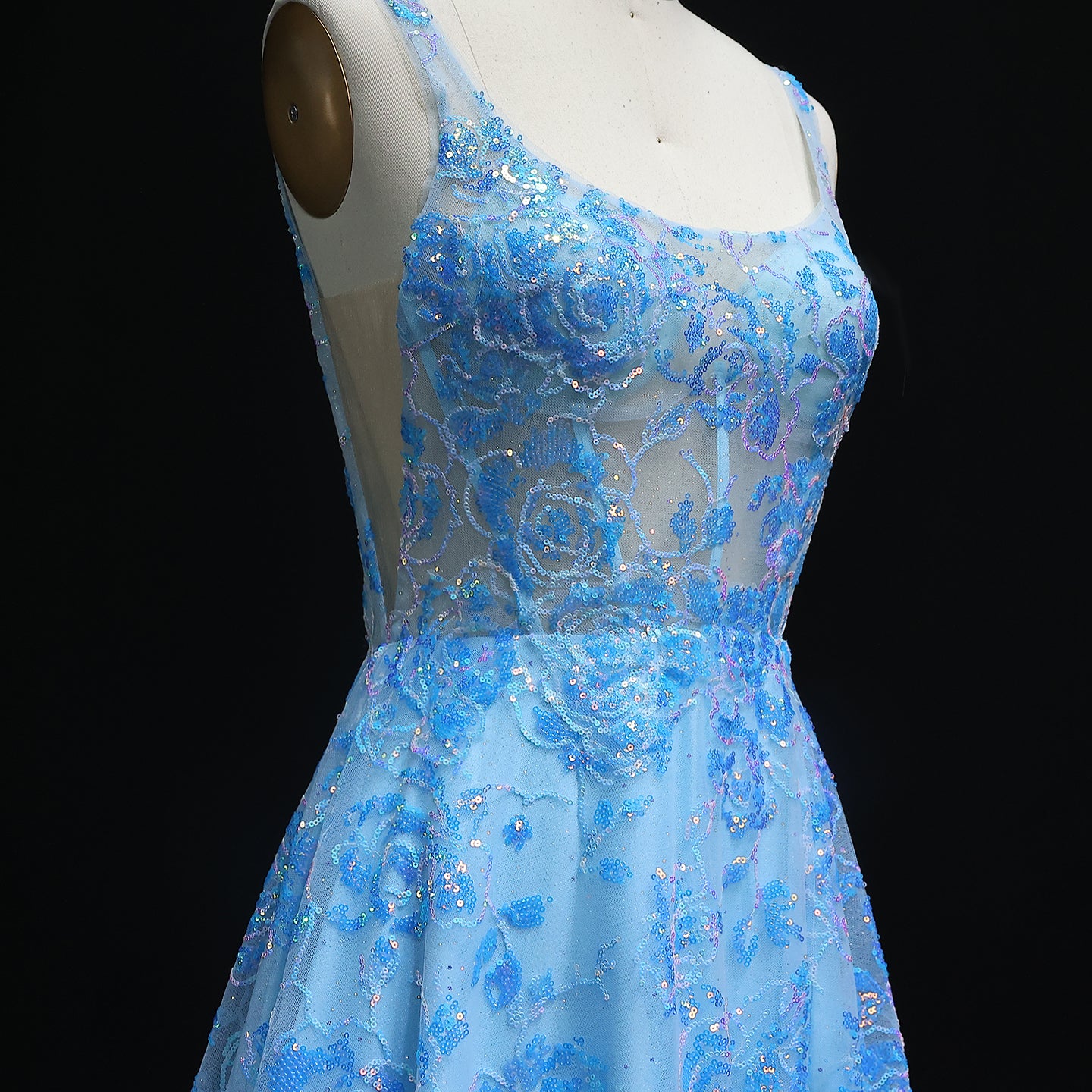 Luxury Floral Embroidery Blue Backless A-line Prom Dress 2025 for Girls Long Graduation Party Gowns