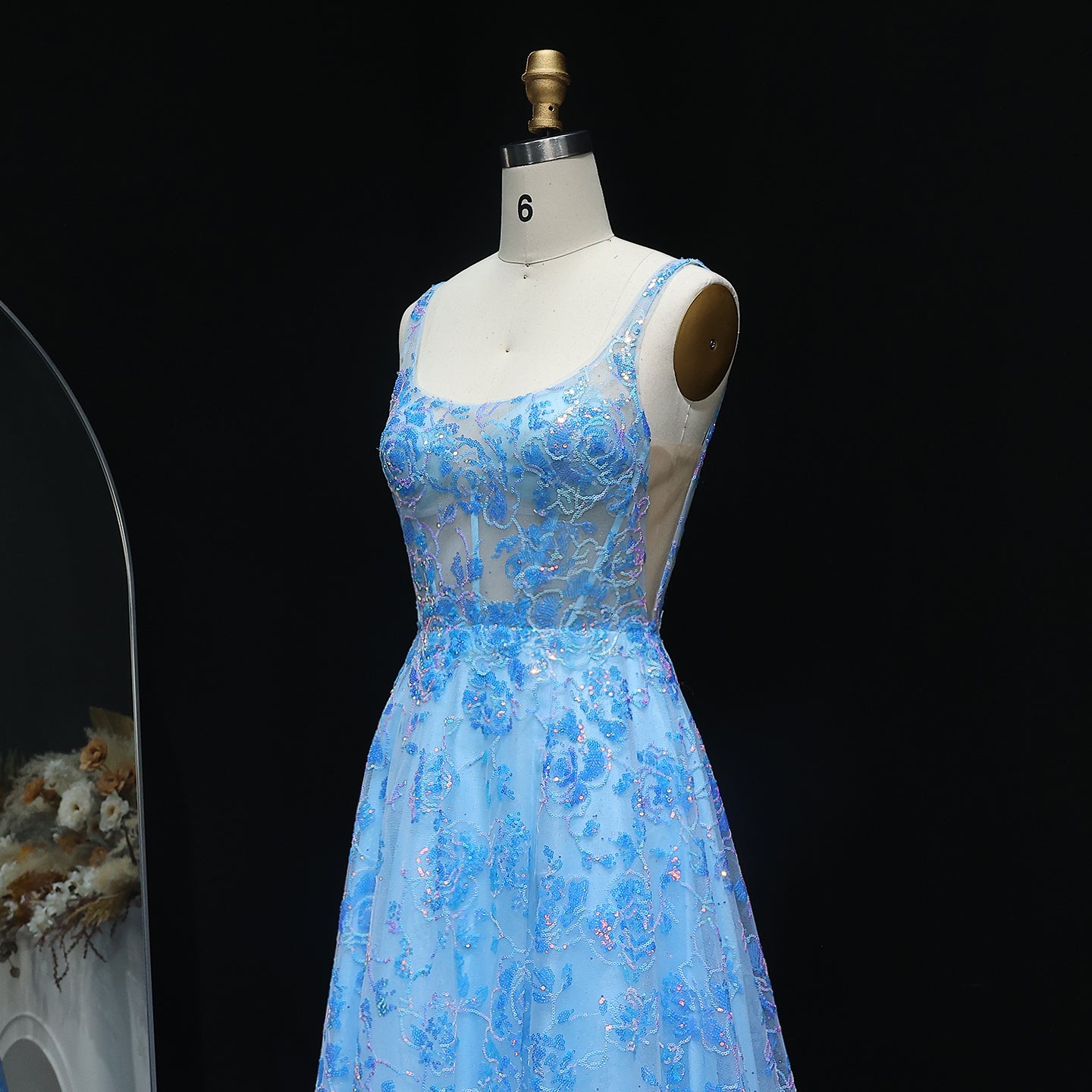 Luxury Floral Embroidery Blue Backless A-line Prom Dress 2025 for Girls Long Graduation Party Gowns