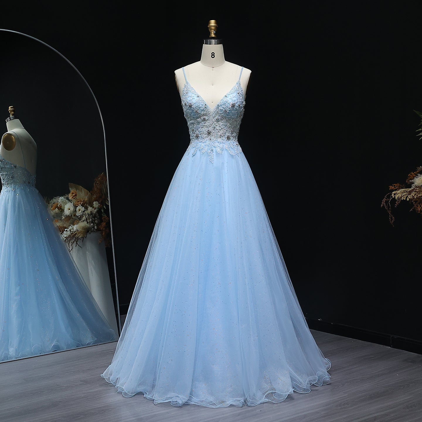 Sexy Spaghetti Strap Light Blue Tulle Prom Dress for Girls Long Evening Birthday Party Gowns