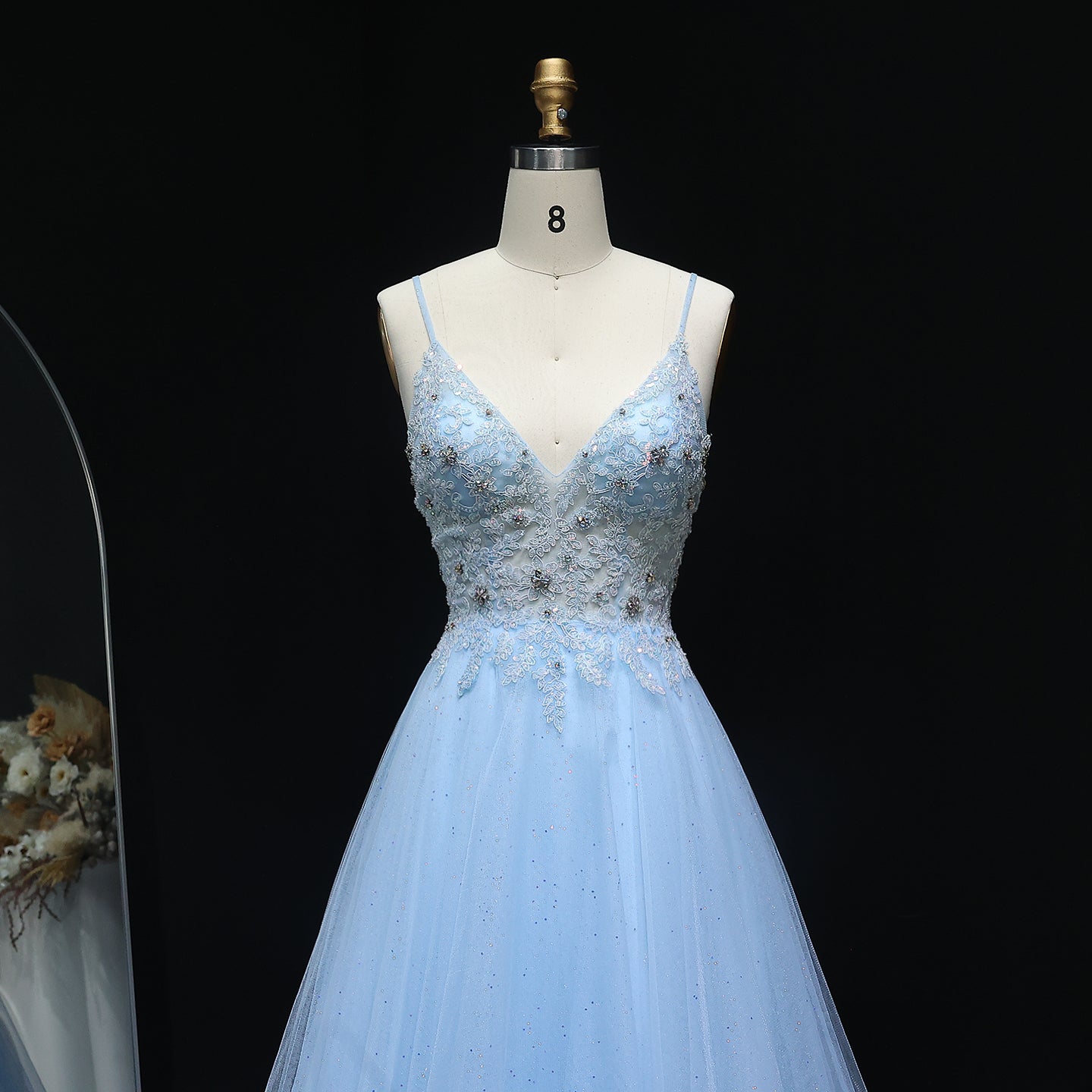 Sexy Spaghetti Strap Light Blue Tulle Prom Dress for Girls Long Evening Birthday Party Gowns