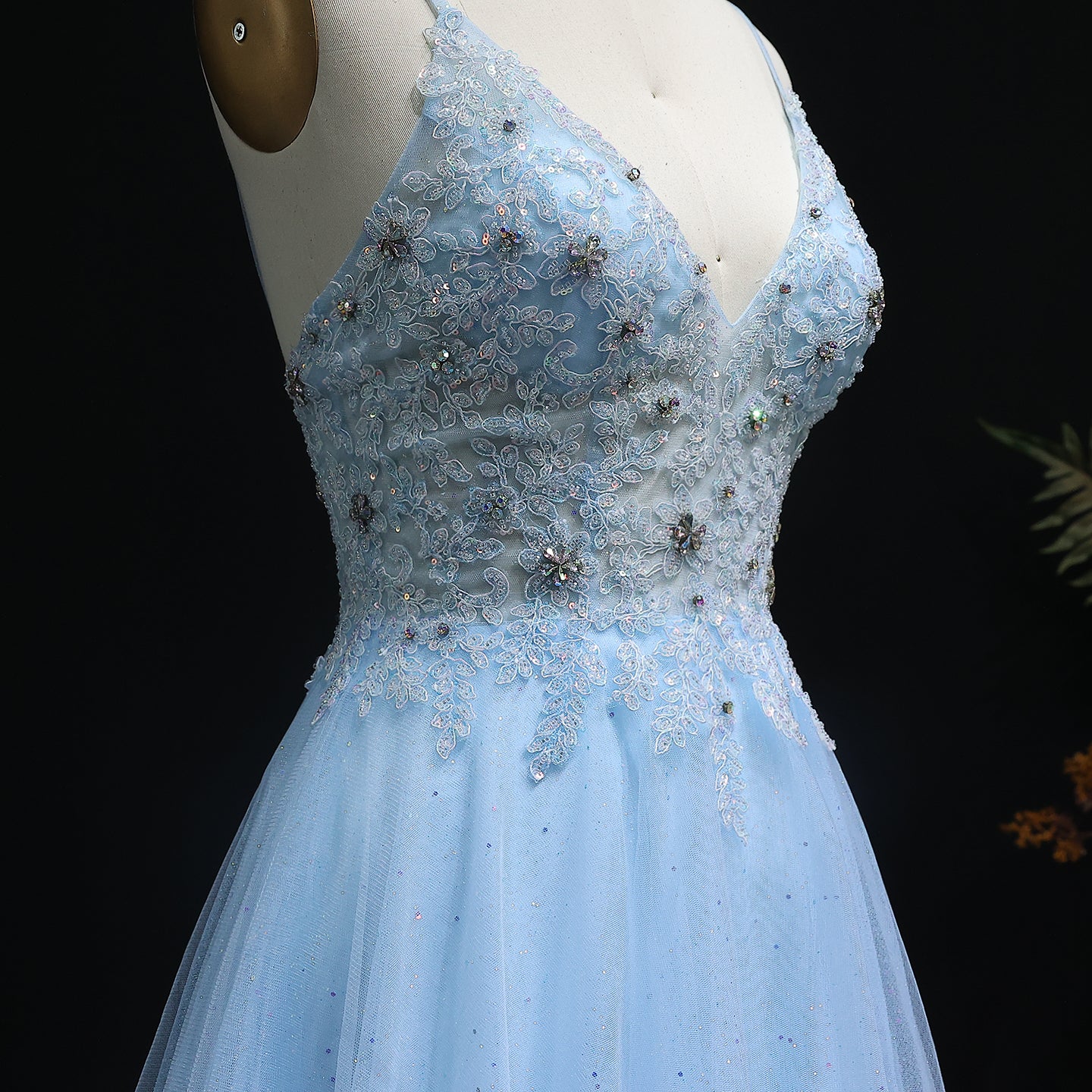 Sexy Spaghetti Strap Light Blue Tulle Prom Dress for Girls Long Evening Birthday Party Gowns