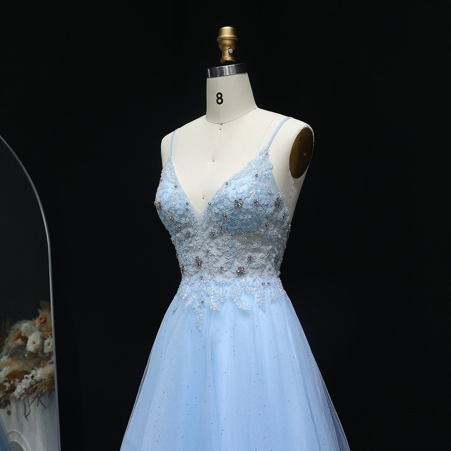 Sexy Spaghetti Strap Light Blue Tulle Prom Dress for Girls Long Evening Birthday Party Gowns