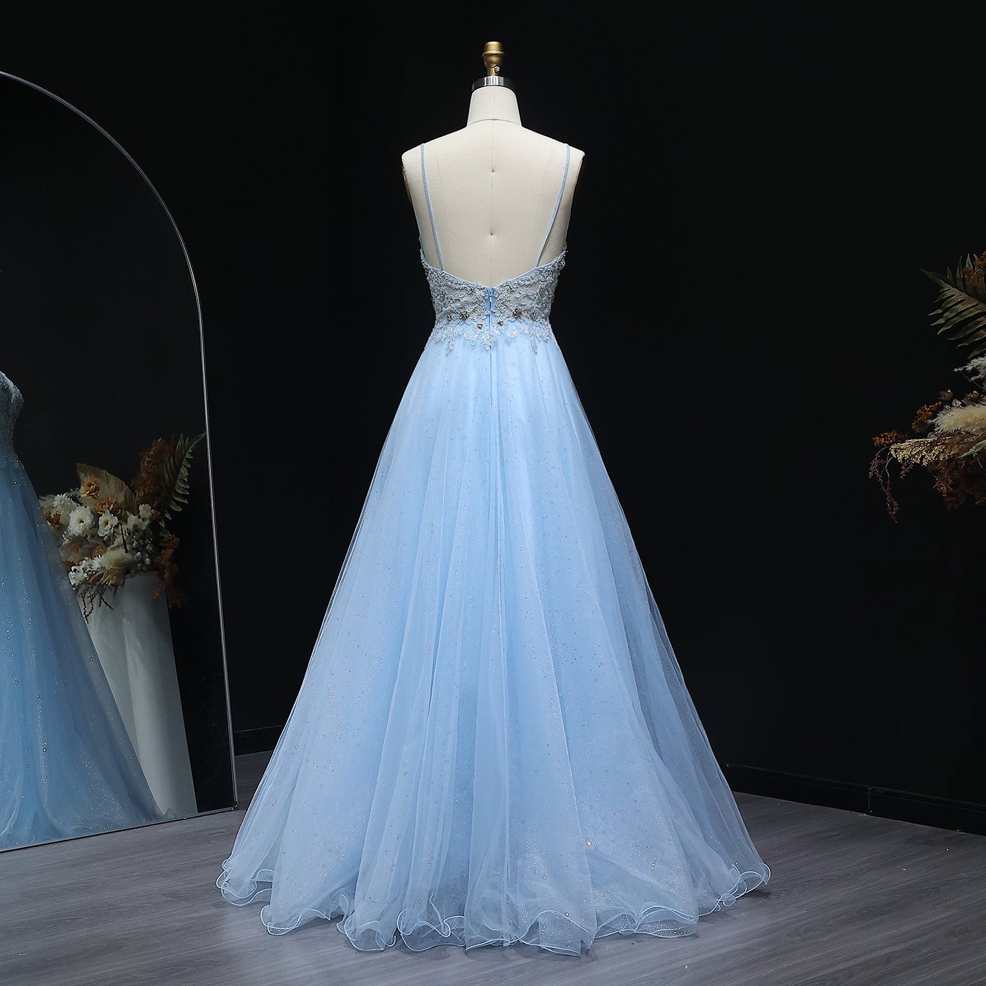 Sexy Spaghetti Strap Light Blue Tulle Prom Dress for Girls Long Evening Birthday Party Gowns