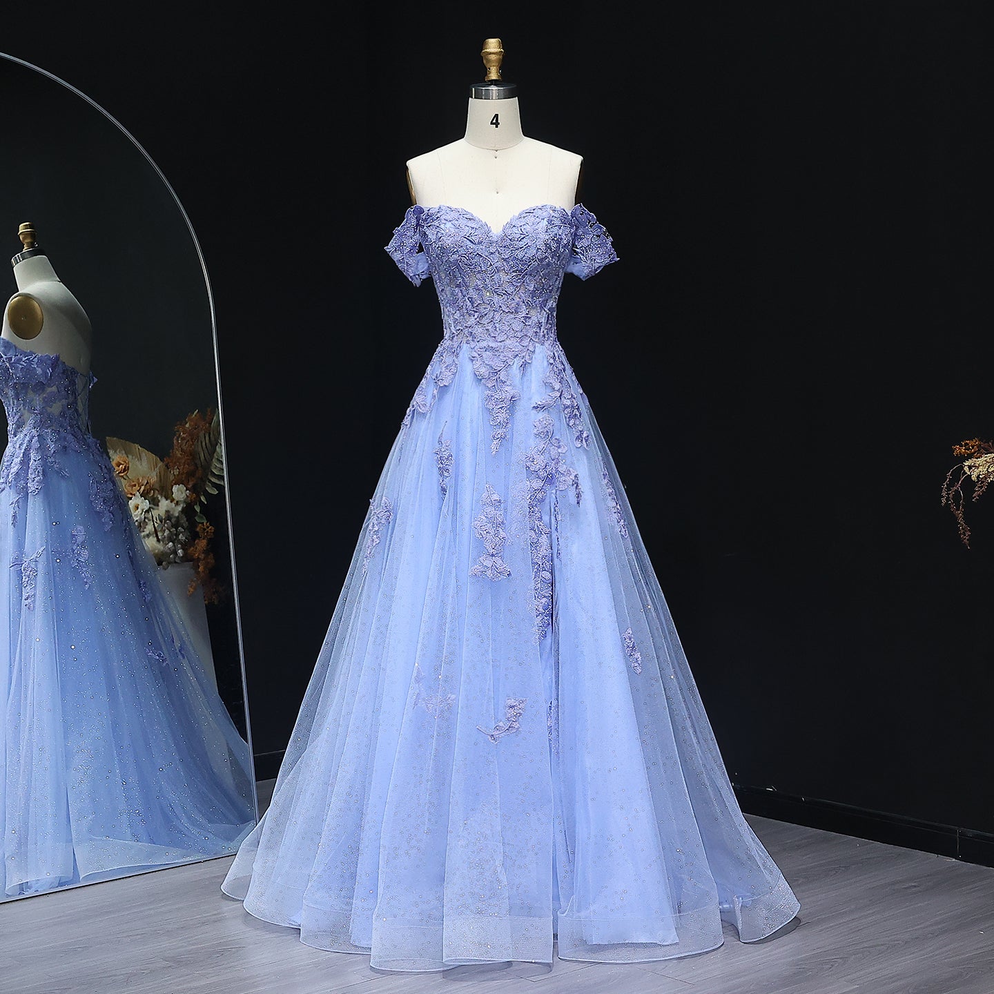Elegant Blue Appliques A-line Tulle Off-Shoulder Prom Dress for Women Wedding Evening Party Gowns
