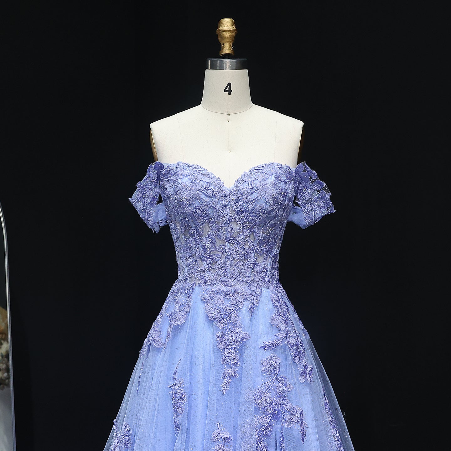 Elegant Blue Appliques A-line Tulle Off-Shoulder Prom Dress for Women Wedding Evening Party Gowns