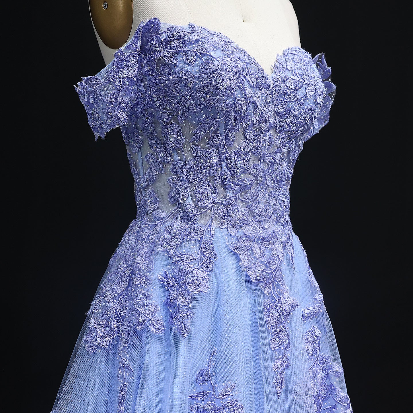 Elegant Blue Appliques A-line Tulle Off-Shoulder Prom Dress for Women Wedding Evening Party Gowns