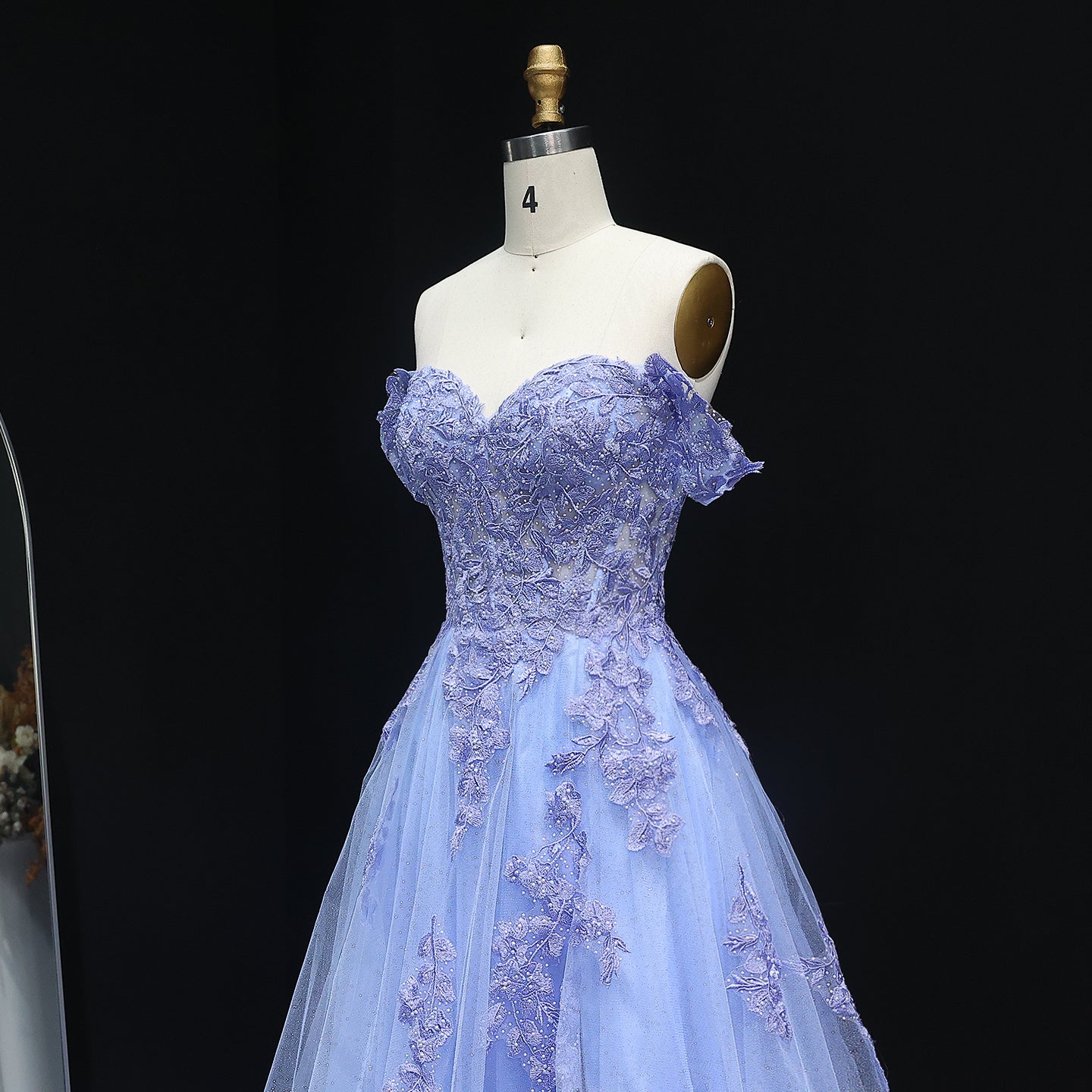 Elegant Blue Appliques A-line Tulle Off-Shoulder Prom Dress for Women Wedding Evening Party Gowns