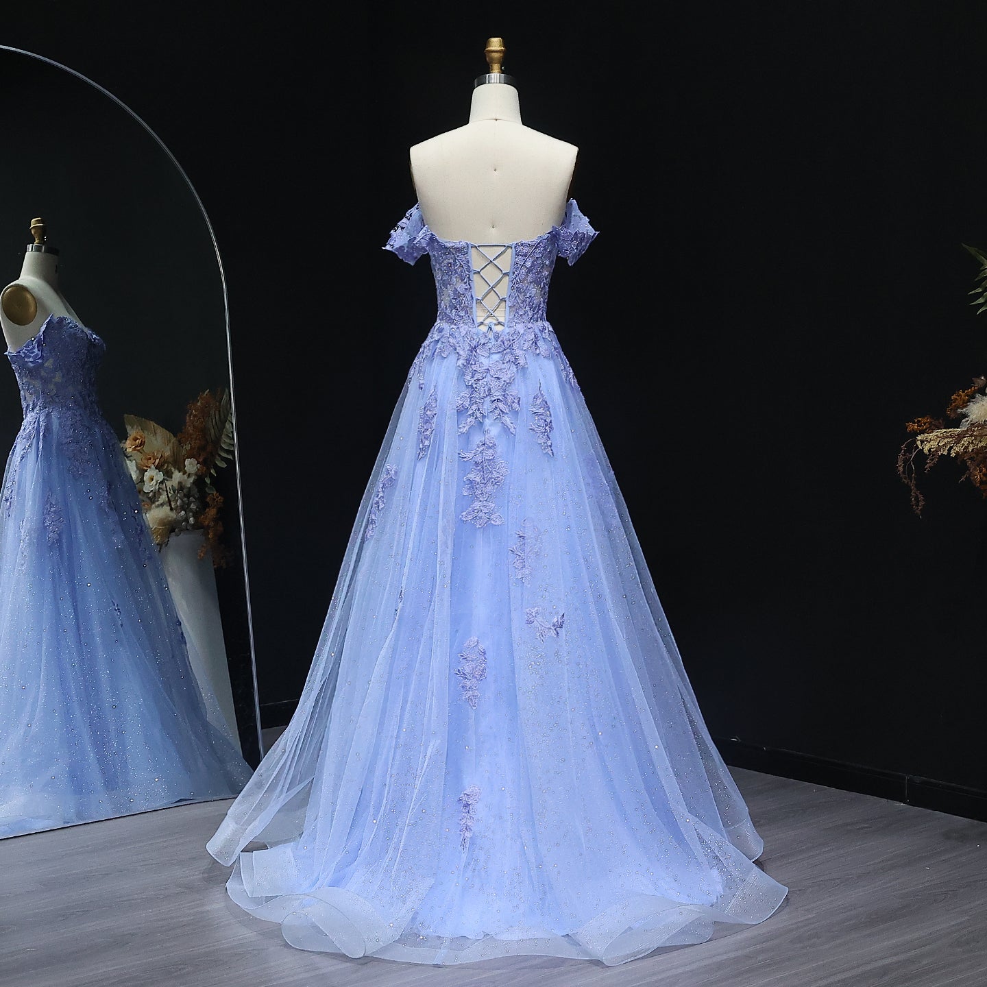 Elegant Blue Appliques A-line Tulle Off-Shoulder Prom Dress for Women Wedding Evening Party Gowns