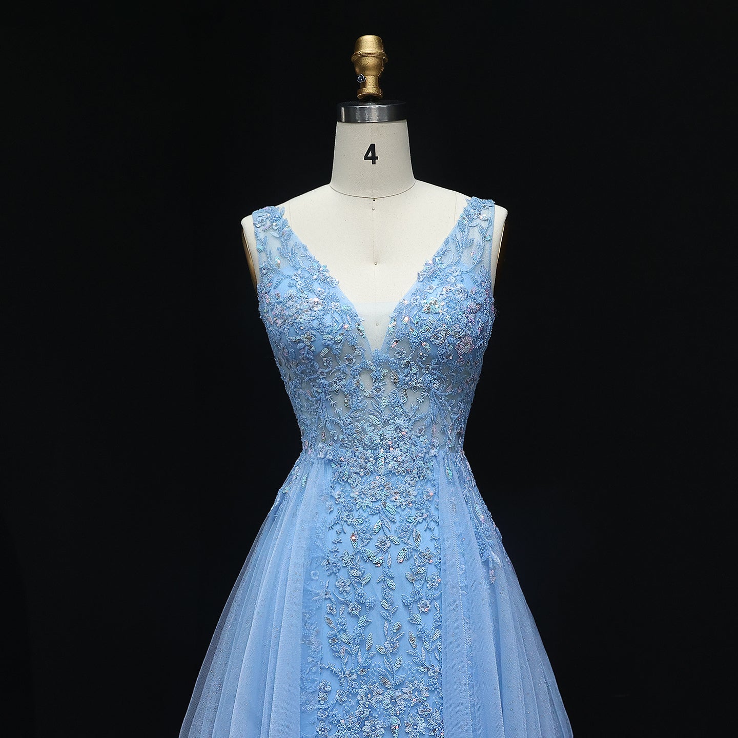 Luxury Blue Embroidery V-Neck Tulle Long Prom Dresses with Overskirt Wedding Birthday Party Gowns