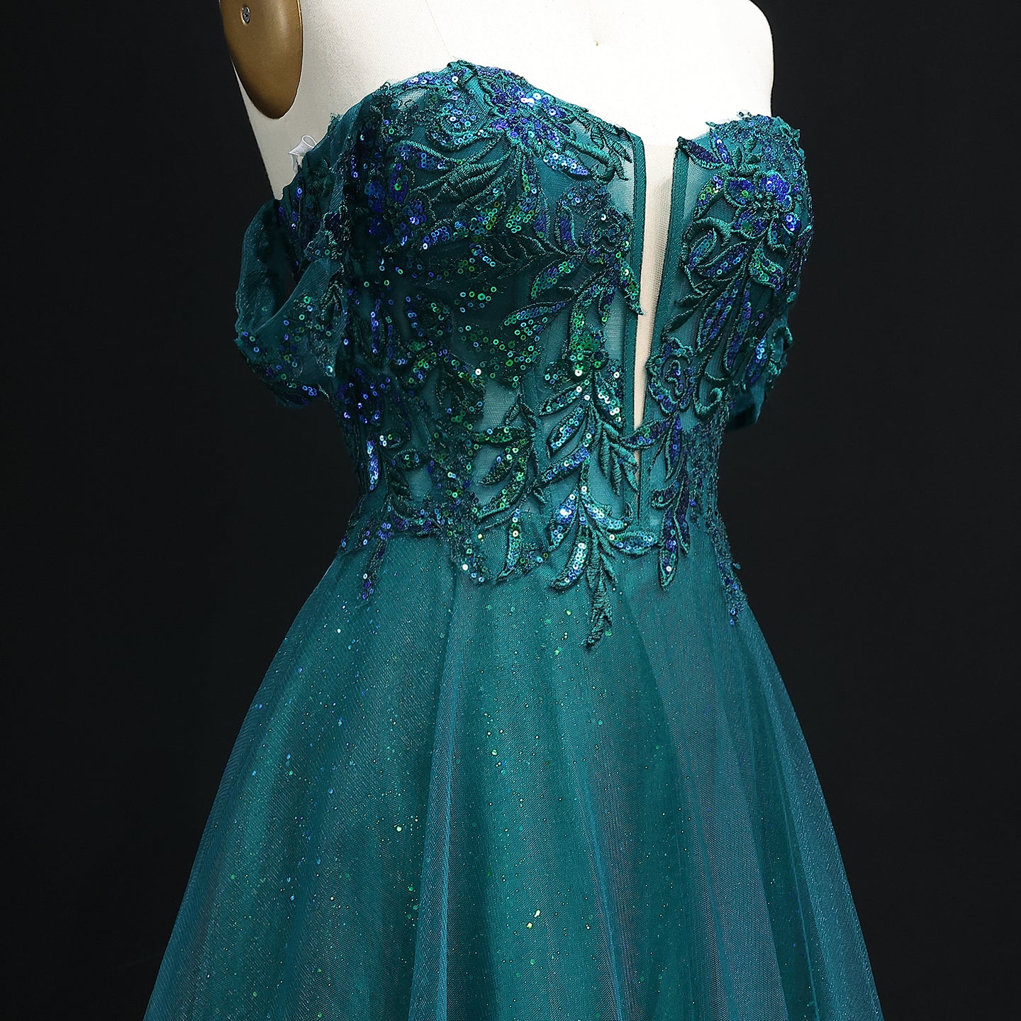 Sparkly Off-Shoulder Emerald Green Tulle Prom Dresses Sequined Lace-up Luxury Evening Party Gowns