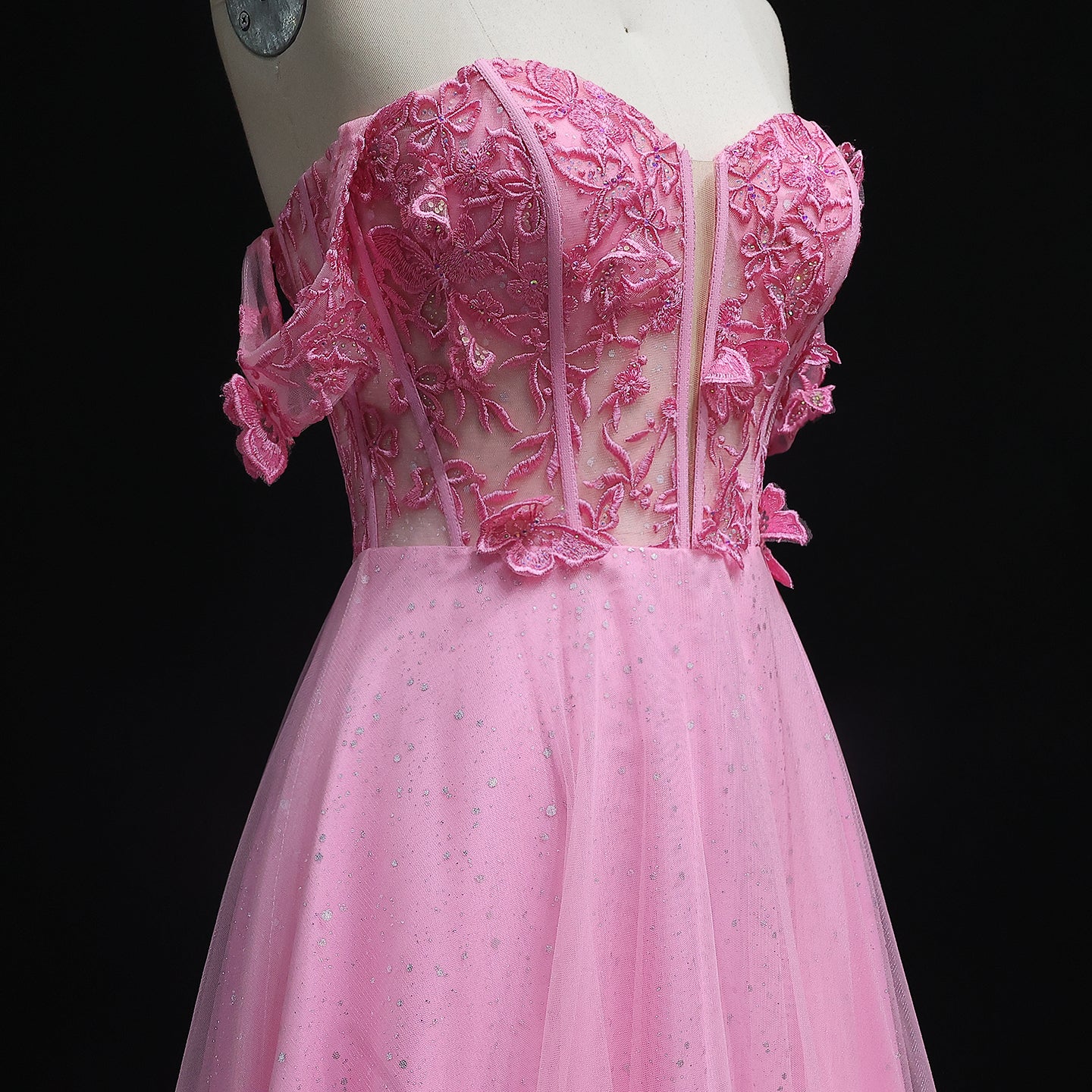 Sparkly Off-Shoulder Pink Appliques Prom Dress for Women Lace-up Tulle A-line Evening Party Gowns