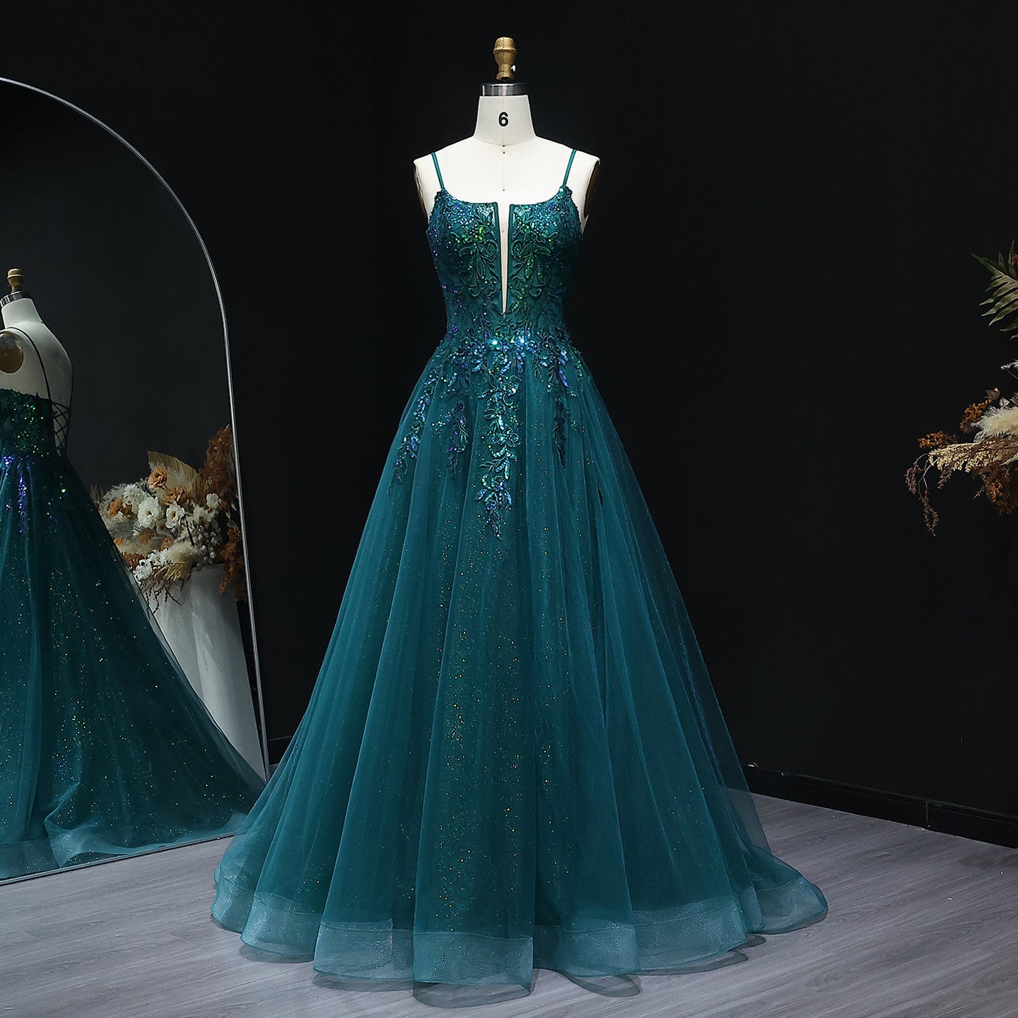 Sparkle Sequined Emerald Green Prom Dresses for Girls Spaghetti Straps Lace-up Evening Party Gowns