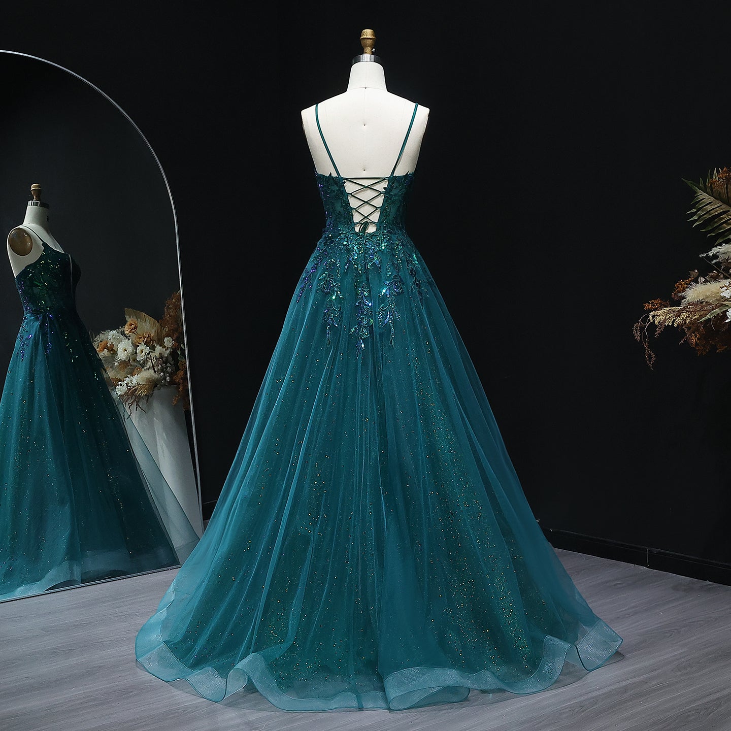 Sparkle Sequined Emerald Green Prom Dresses for Girls Spaghetti Straps Lace-up Evening Party Gowns