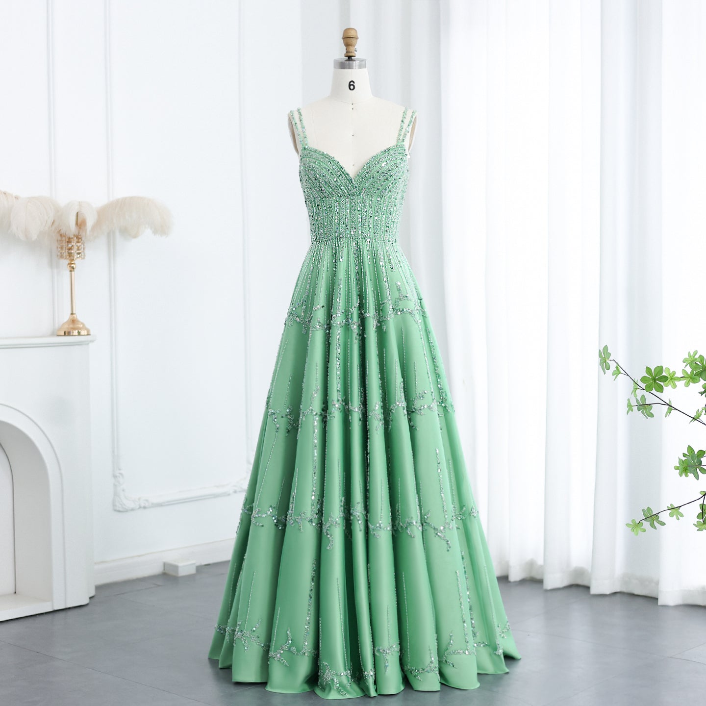 Luxury Beaded Green Spaghetti Evening Dresses SS225