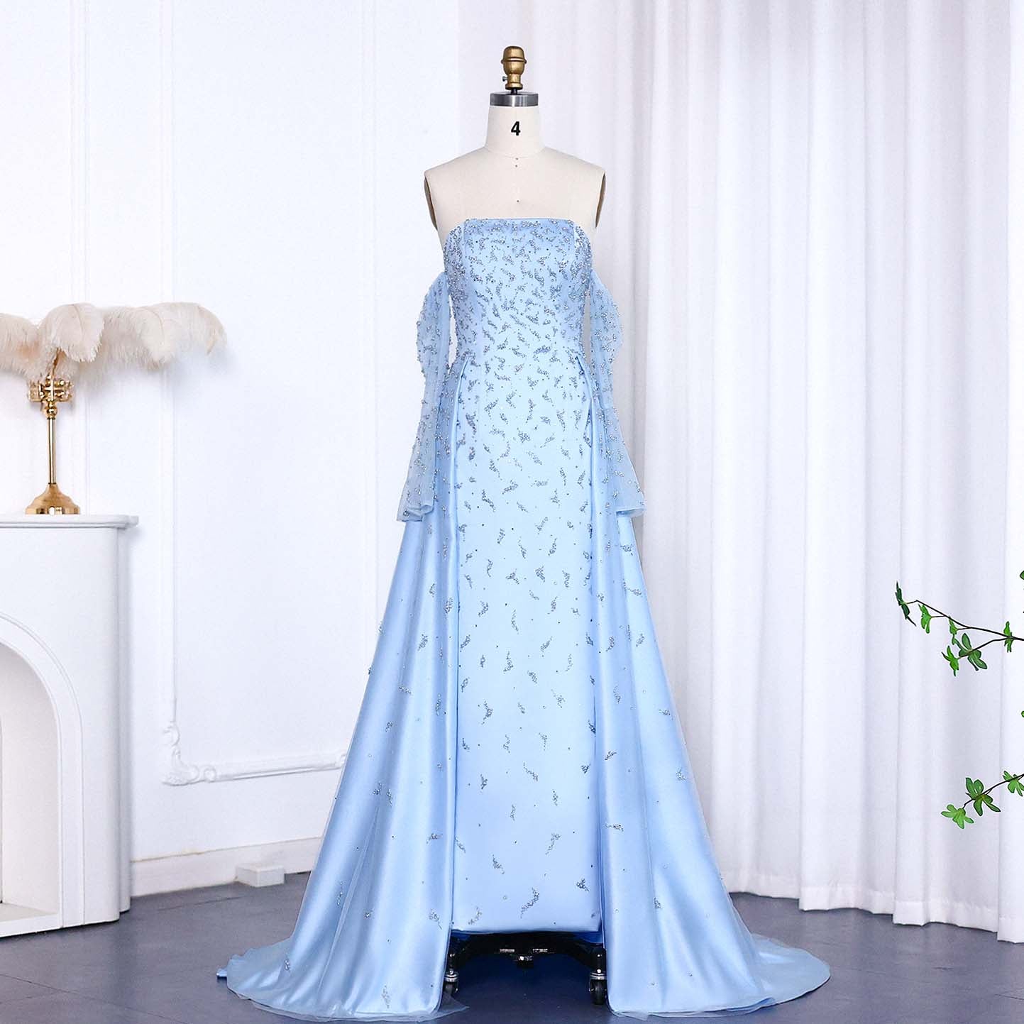 Luxury Silver Gray Evening Dress with Overskirt Sleeves SS484