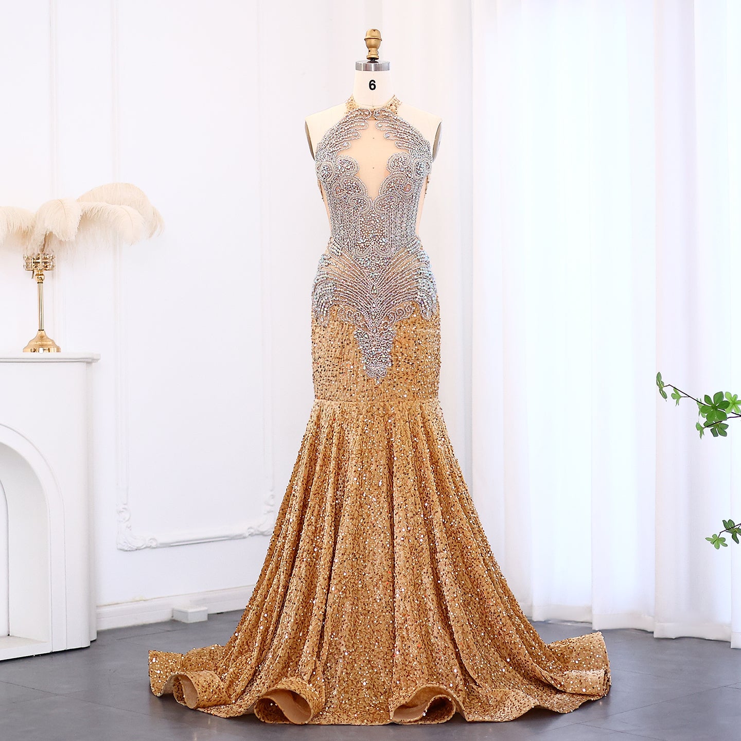 Classic Gold Rhinestone Halter Mermaid Evening Prom Dress SH006