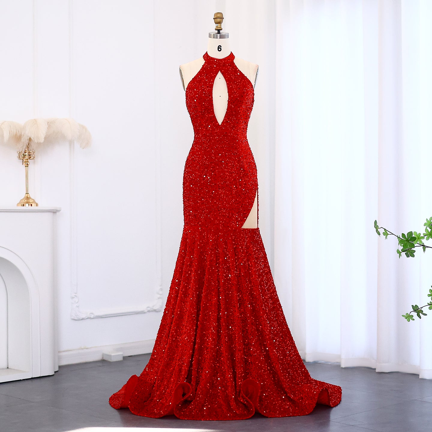 Elegant Red Sequined Halter Mermaid Gown Evening Prom SH007