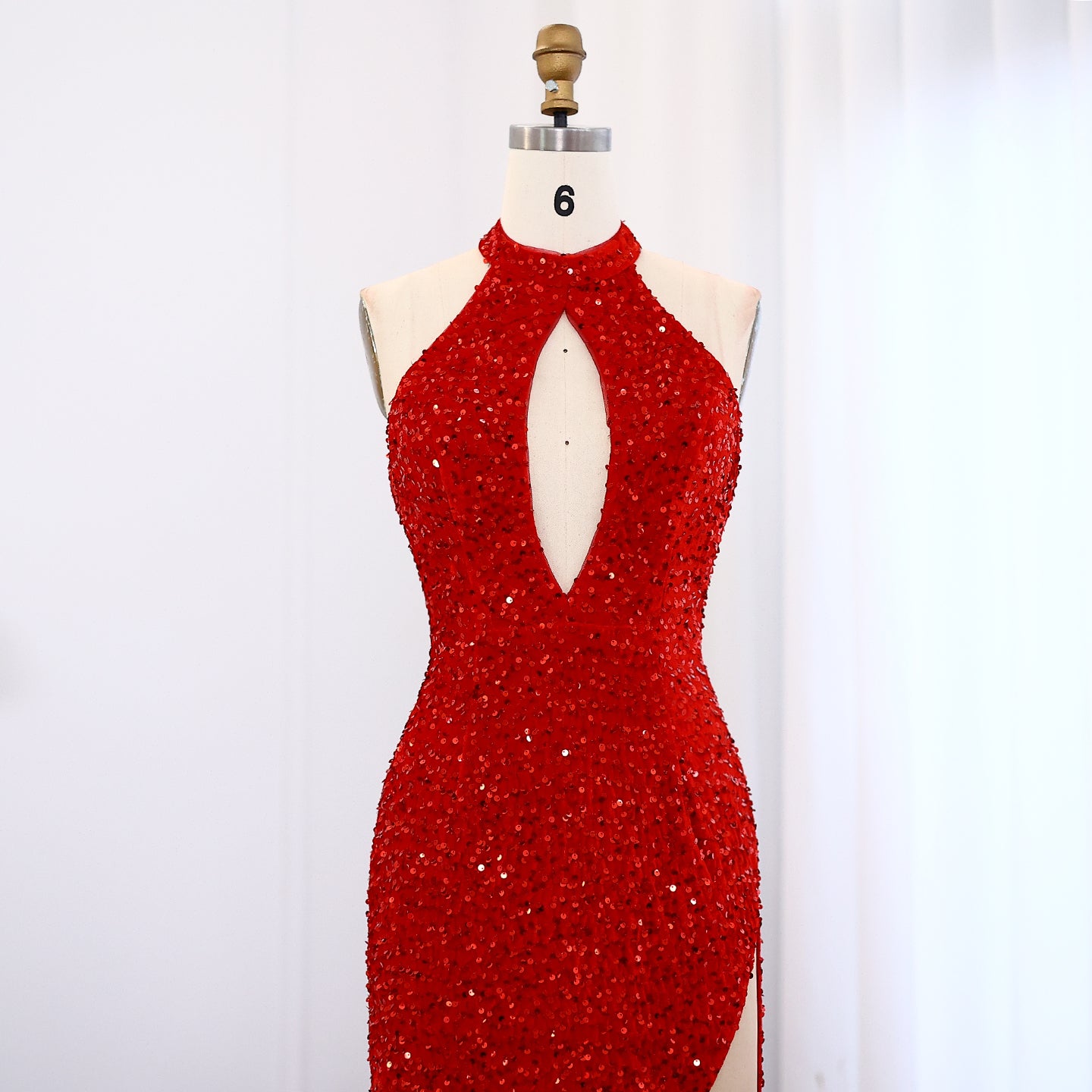 Elegant Red Sequined Halter Mermaid Gown Evening Prom SH007