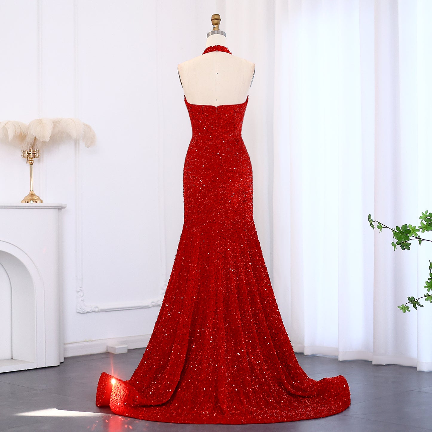 Elegant Red Sequined Halter Mermaid Gown Evening Prom SH007