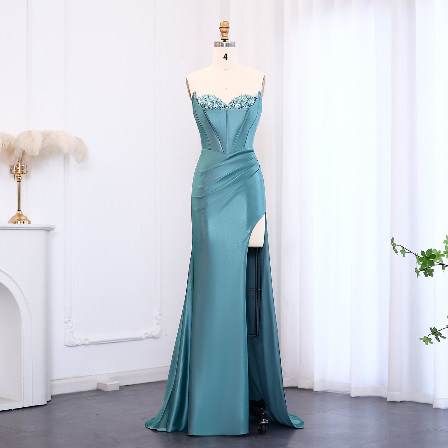 Teal Satin Sequined Sweetheart Neckline High Slit Mermaid Evening Gown SH015