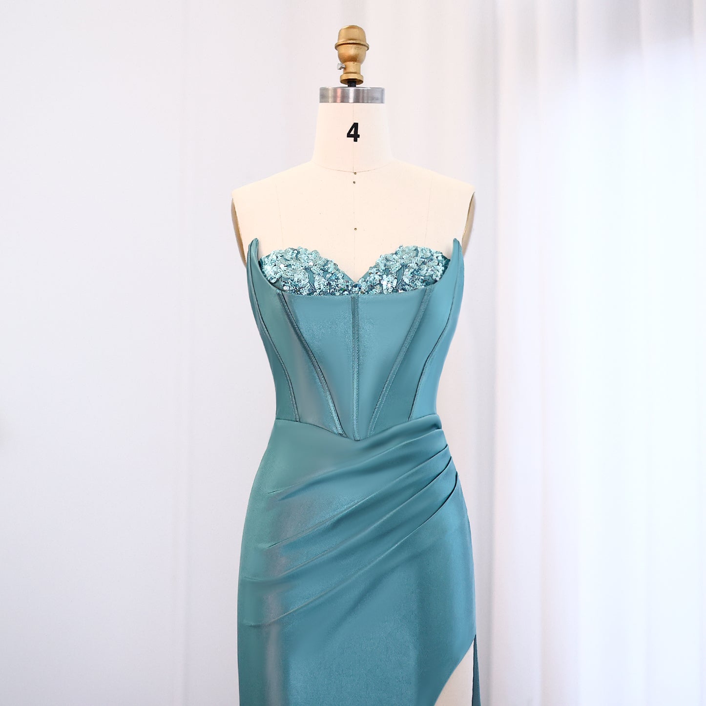 Teal Satin Sequined Sweetheart Neckline High Slit Mermaid Evening Gown SH015