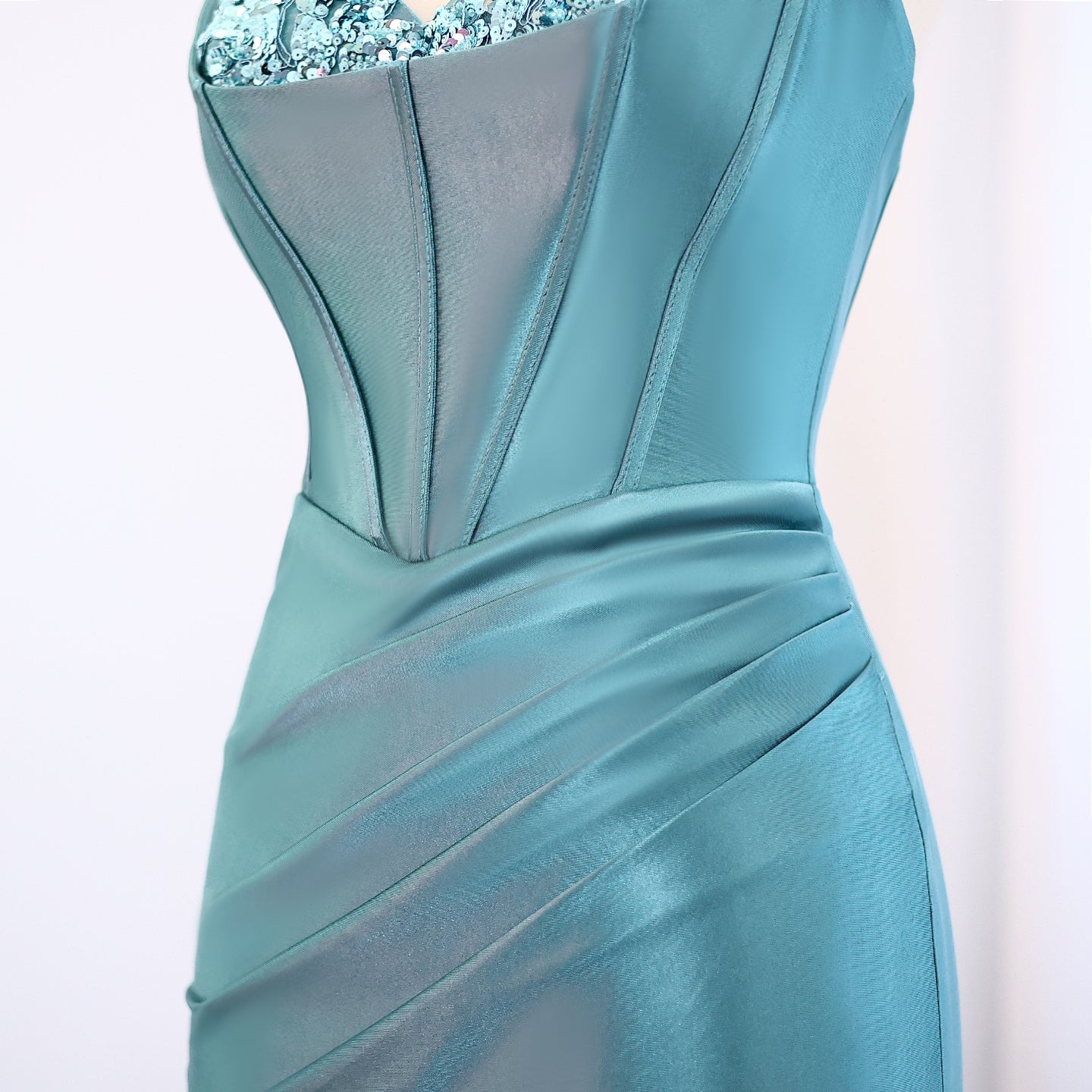 Teal Satin Sequined Sweetheart Neckline High Slit Mermaid Evening Gown SH015