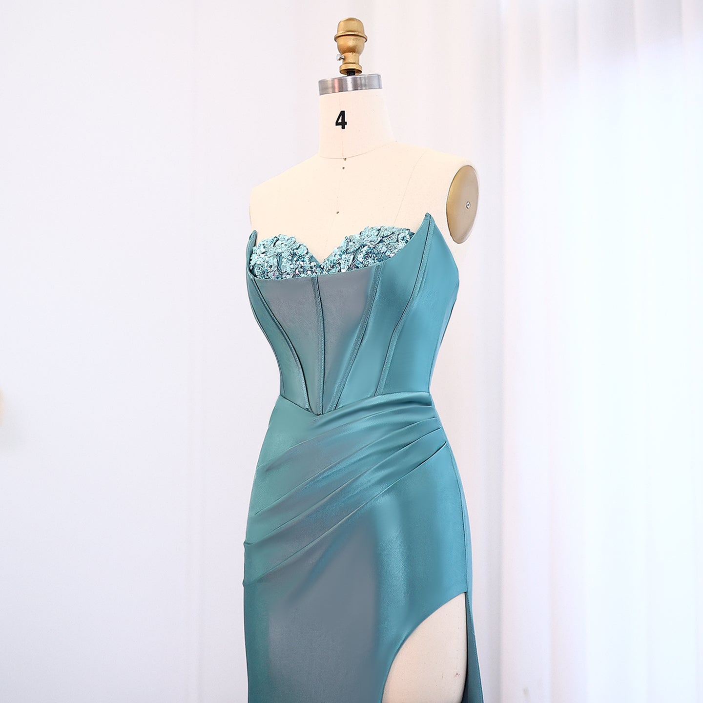 Teal Satin Sequined Sweetheart Neckline High Slit Mermaid Evening Gown SH015