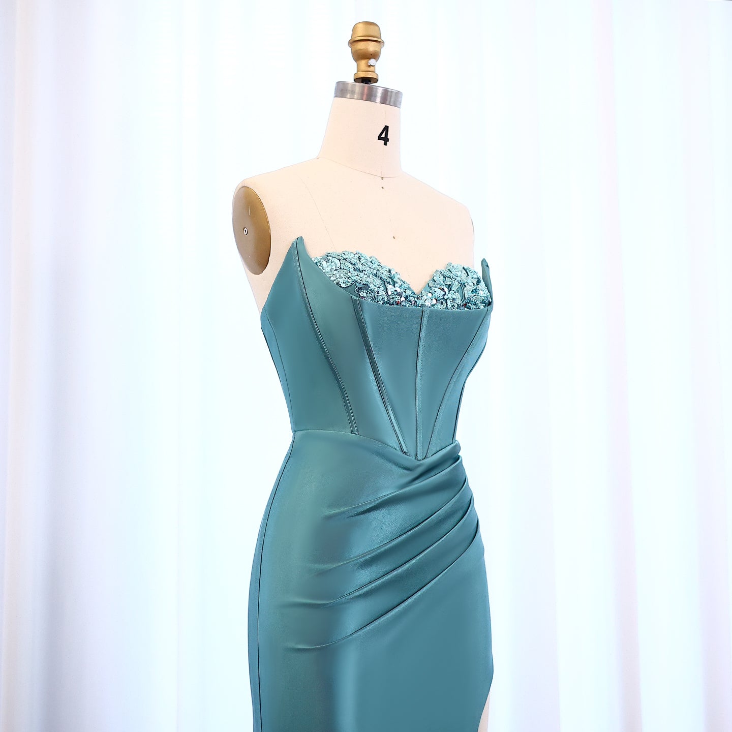 Teal Satin Sequined Sweetheart Neckline High Slit Mermaid Evening Gown SH015