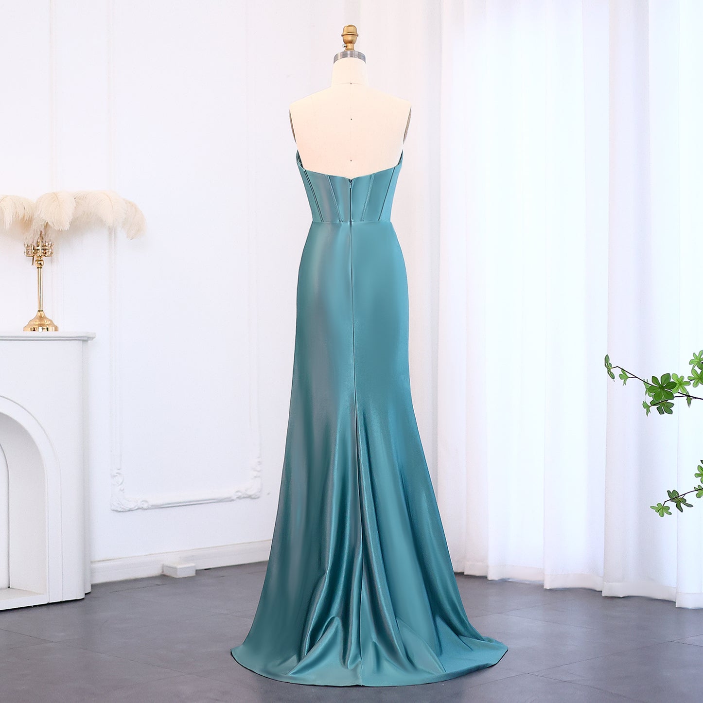 Teal Satin Sequined Sweetheart Neckline High Slit Mermaid Evening Gown SH015