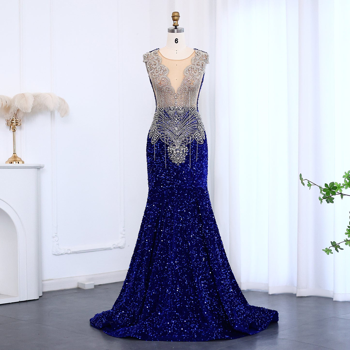 Royal Blue Rhinestone Sequined Mermaid Evening Prom Dress SH009