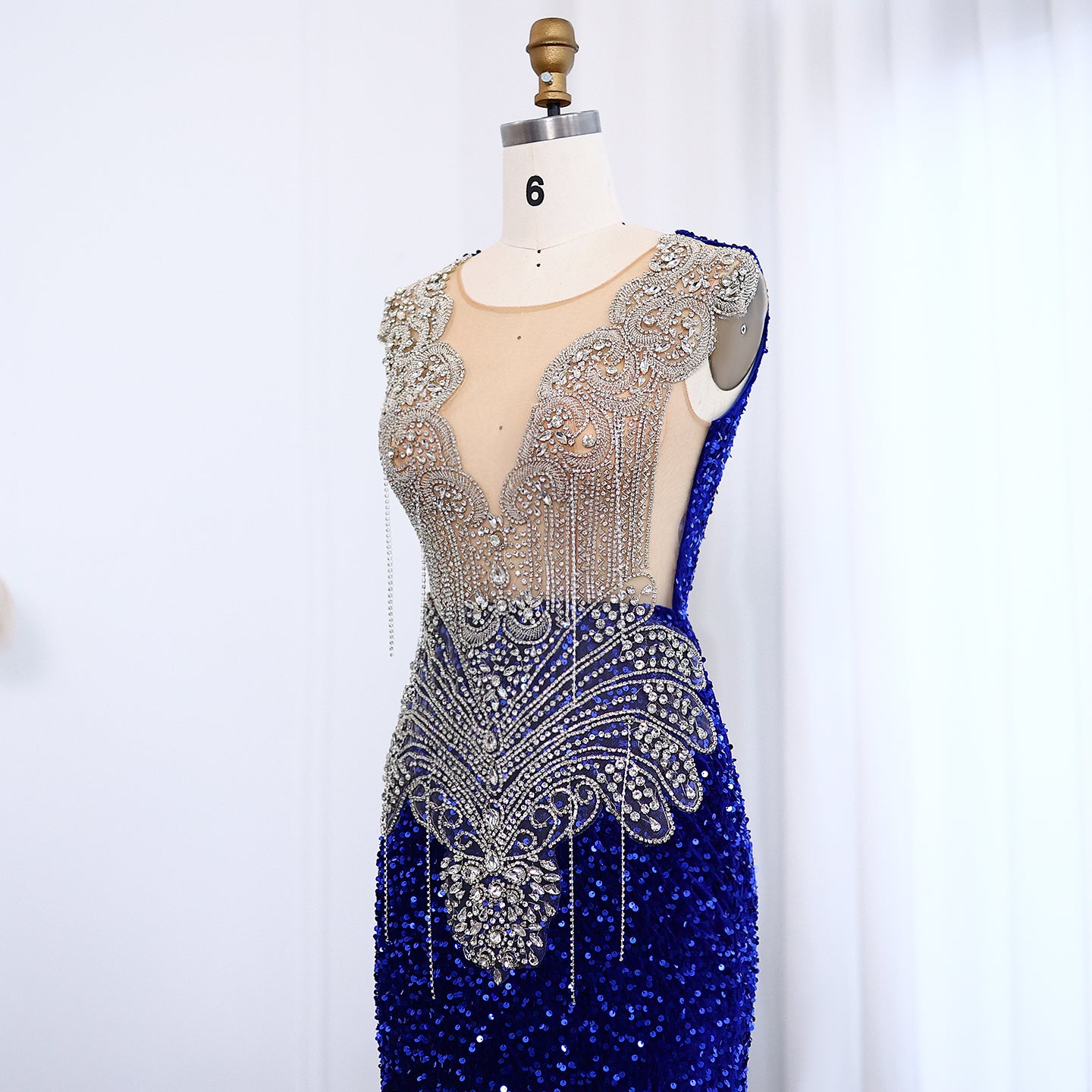 Royal Blue Rhinestone Sequined Mermaid Evening Prom Dress SH009