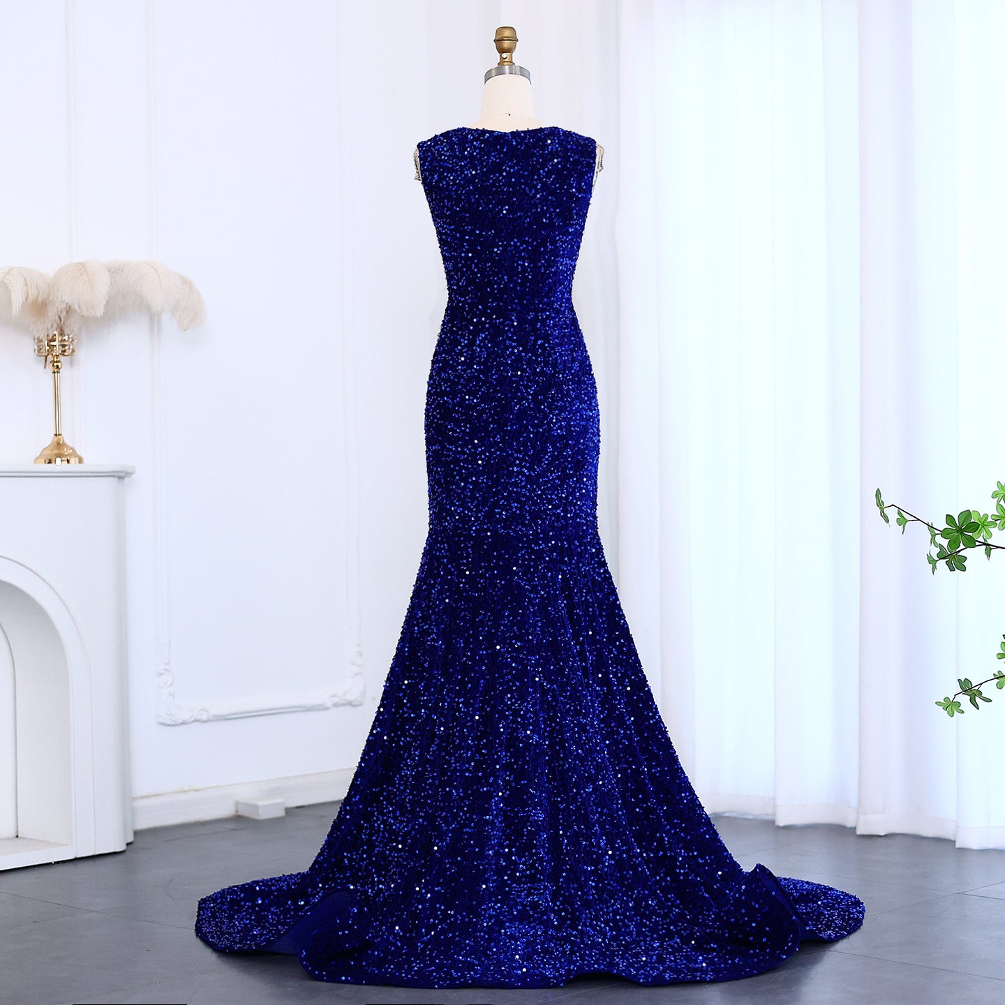 Royal Blue Rhinestone Sequined Mermaid Evening Prom Dress SH009