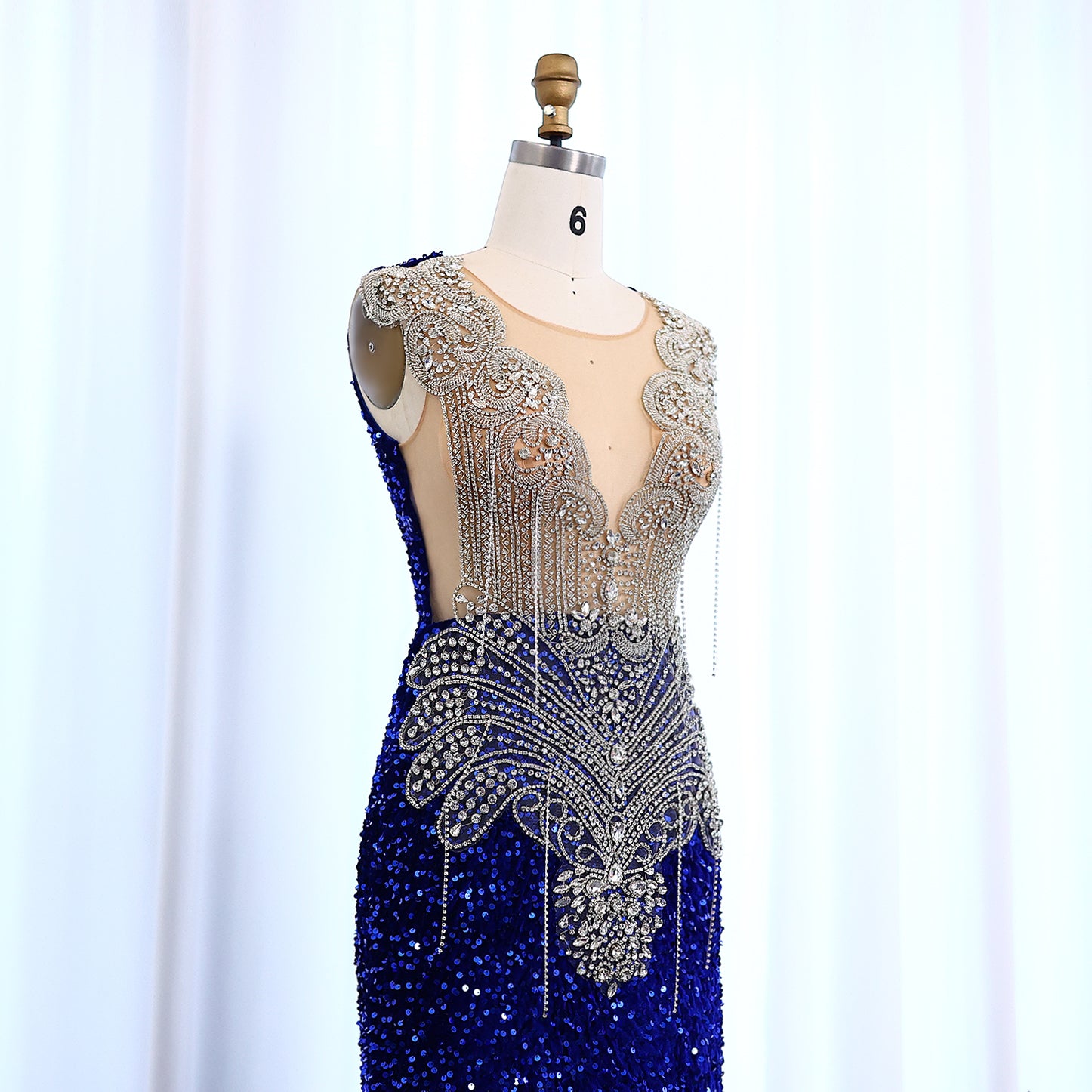 Royal Blue Rhinestone Sequined Mermaid Evening Prom Dress SH009