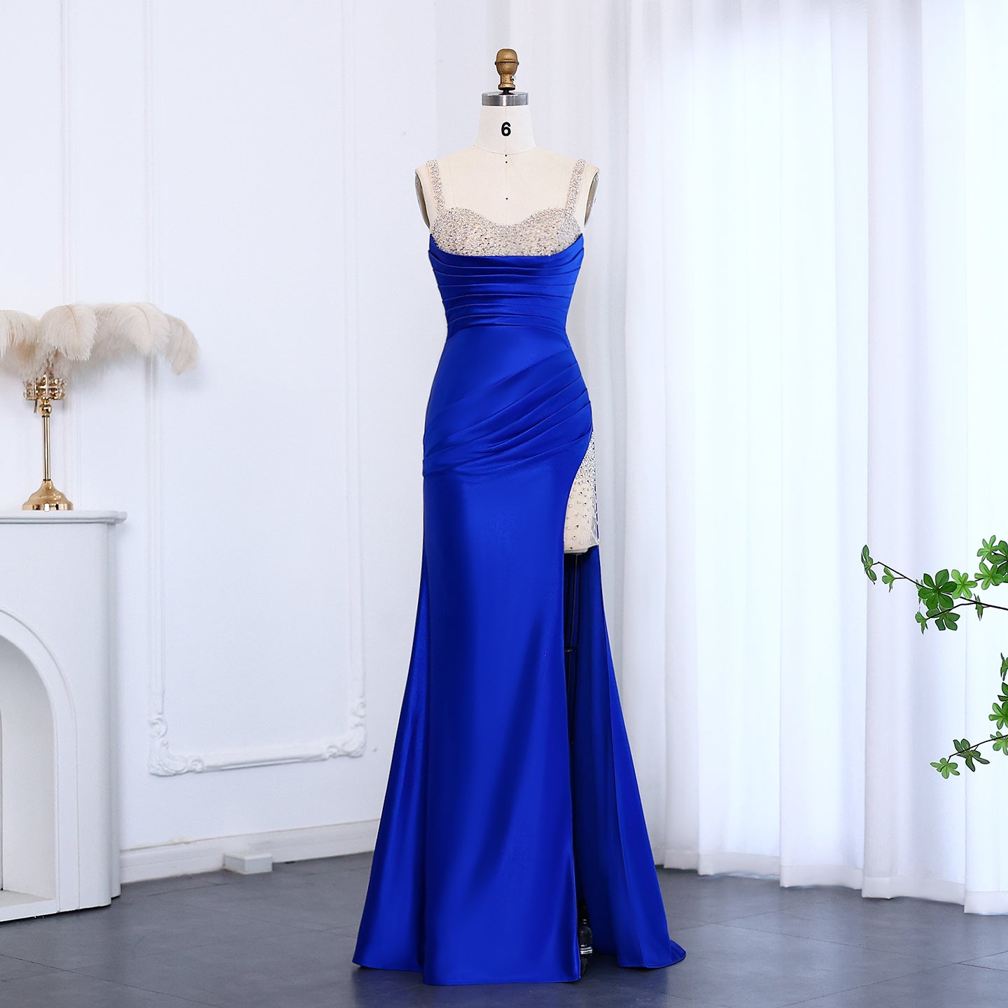 Royal Satin Rhinestone Strap High Slit Evening Prom Dress SH010