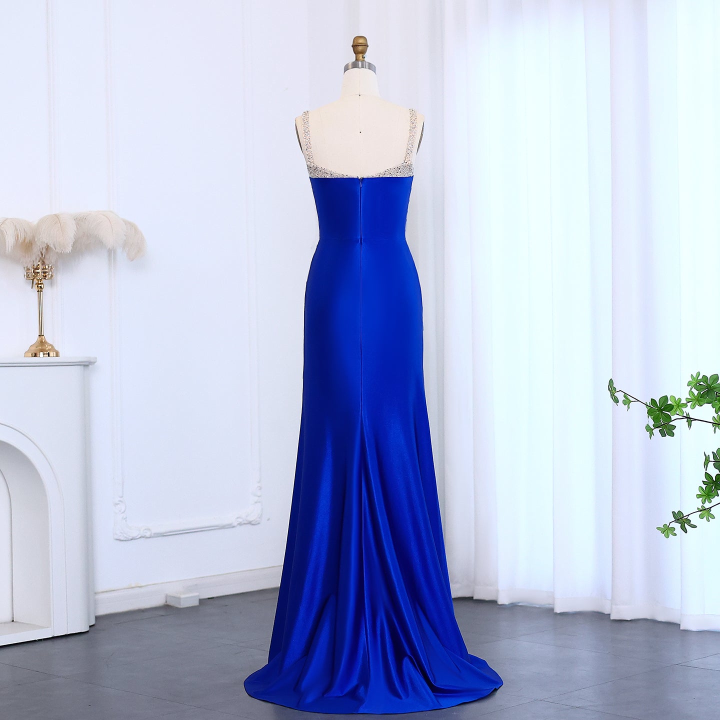 Royal Satin Rhinestone Strap High Slit Evening Prom Dress SH010