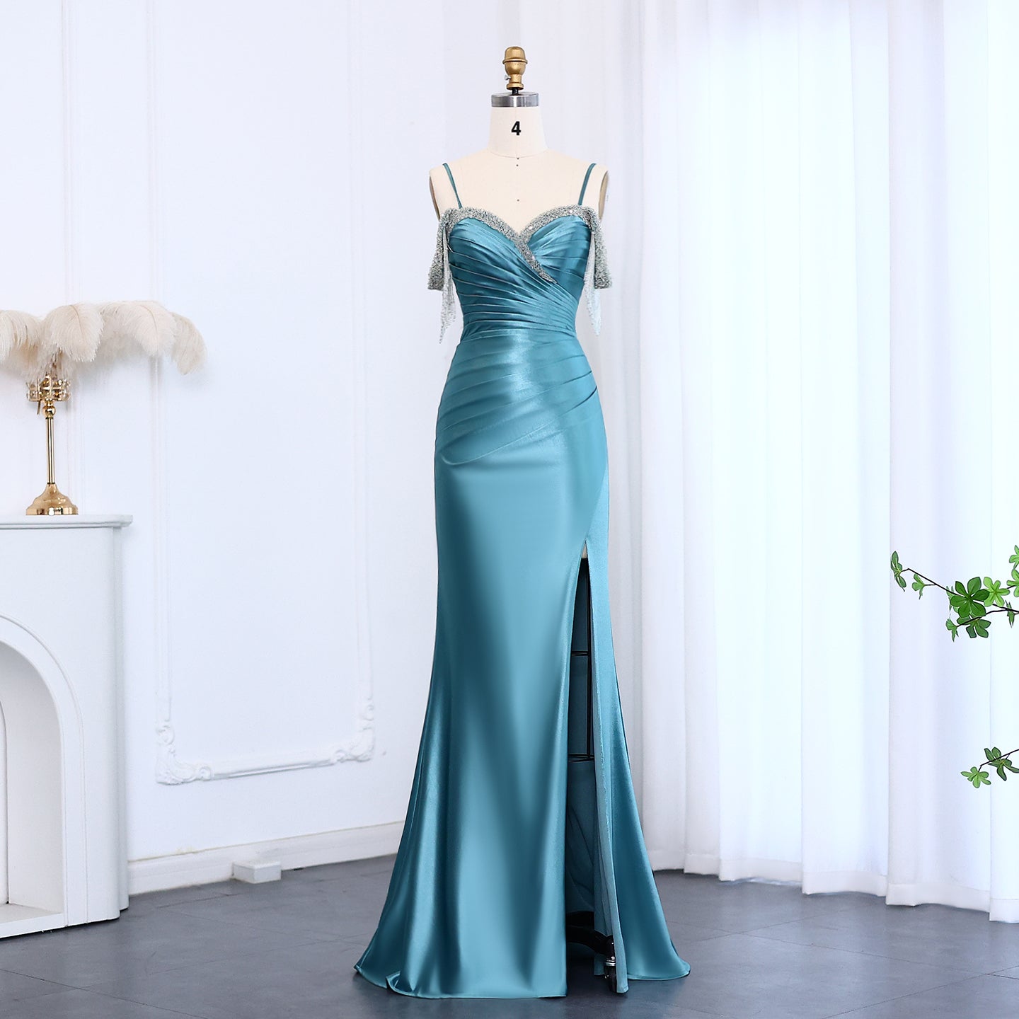 Teal Satin Rhinestone Fringe Strap Mermaid Evening Gown SH011