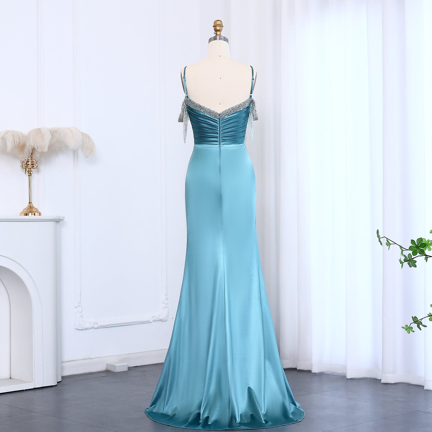 Turquoise Silky Luxury Beaded Mermaid Prom Dresses for Women Long Graduation Birthday Party Gowns