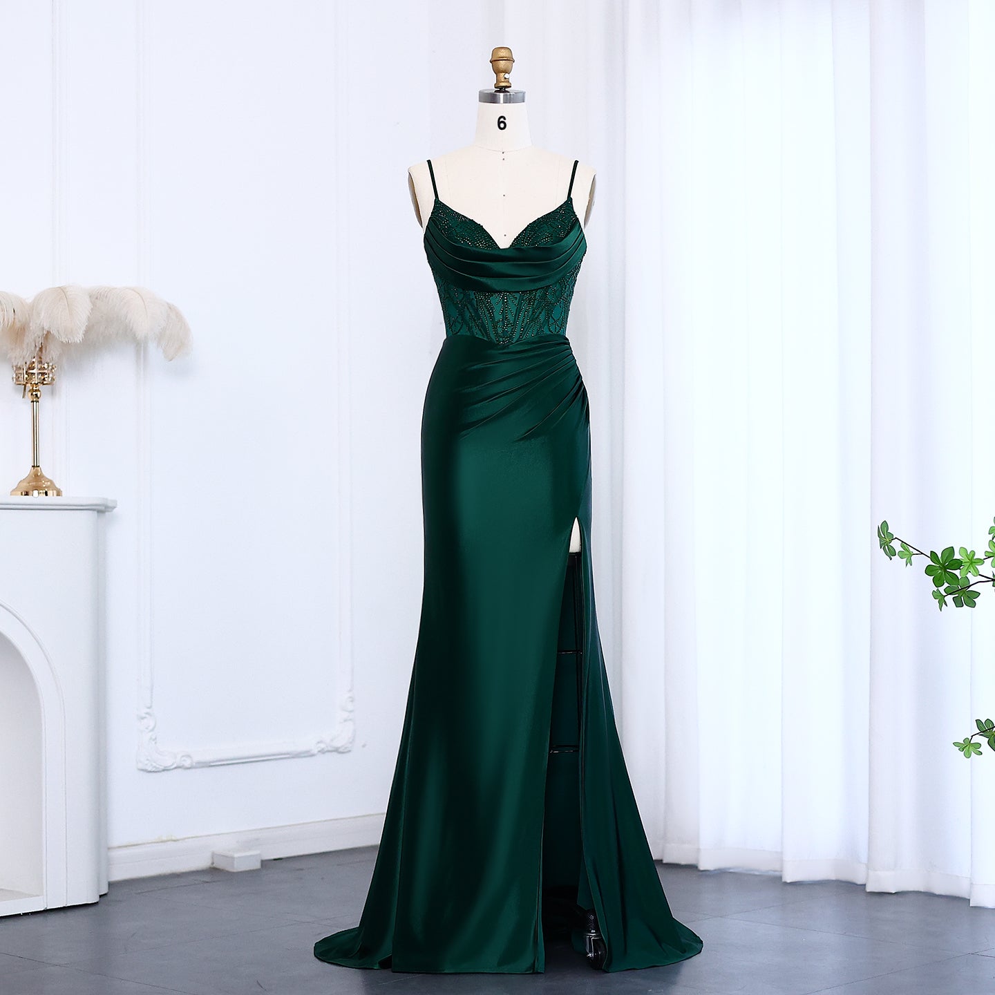 Emerald Green Lace Satin Mermaid Evening Gown SH012