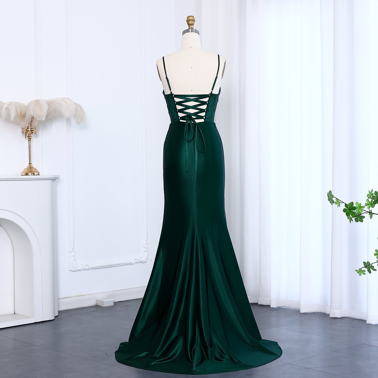 Emerald Green Lace Satin Mermaid Evening Gown SH012