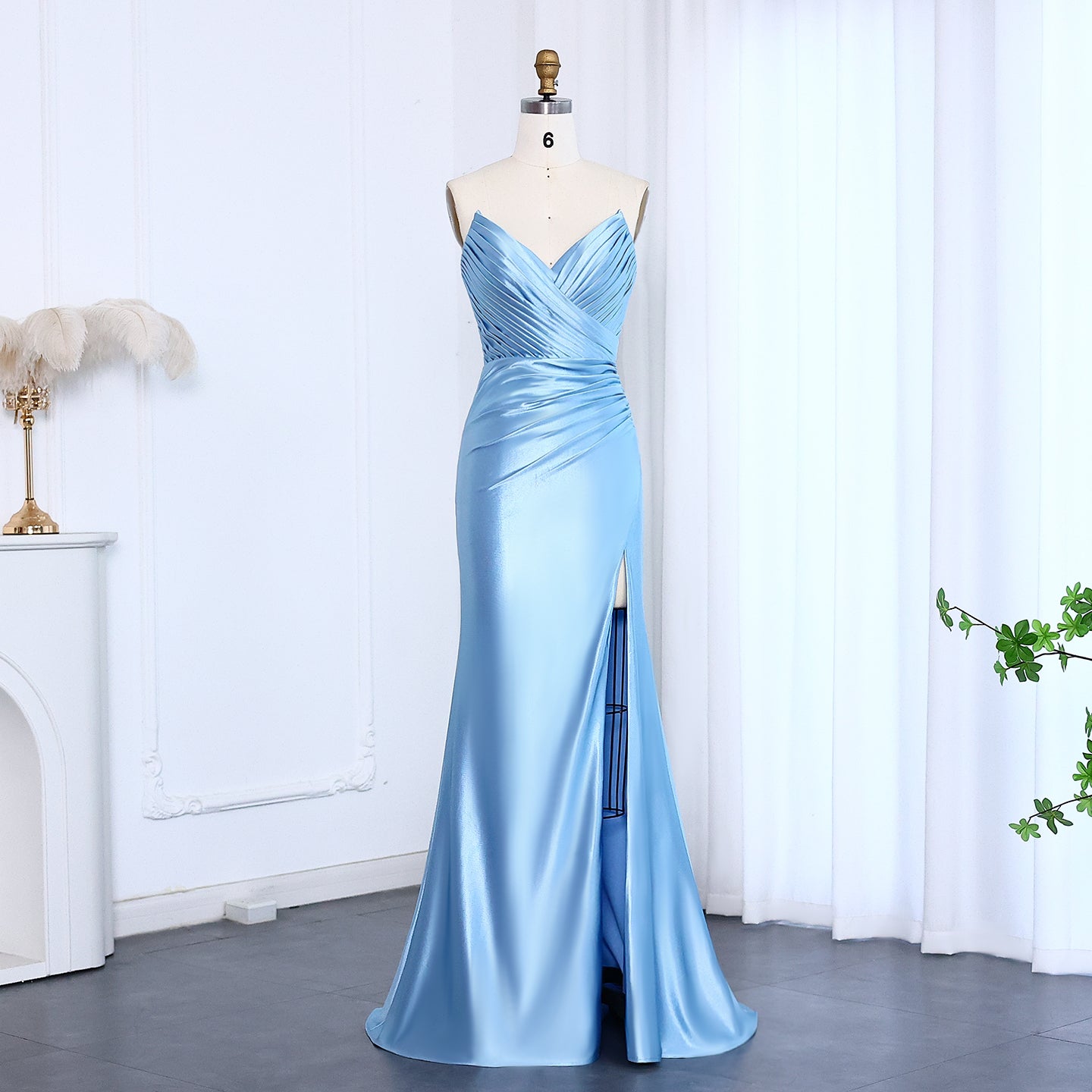 Light Blue Satin Sweetheart Neckline High Slit Evening Gown SH014
