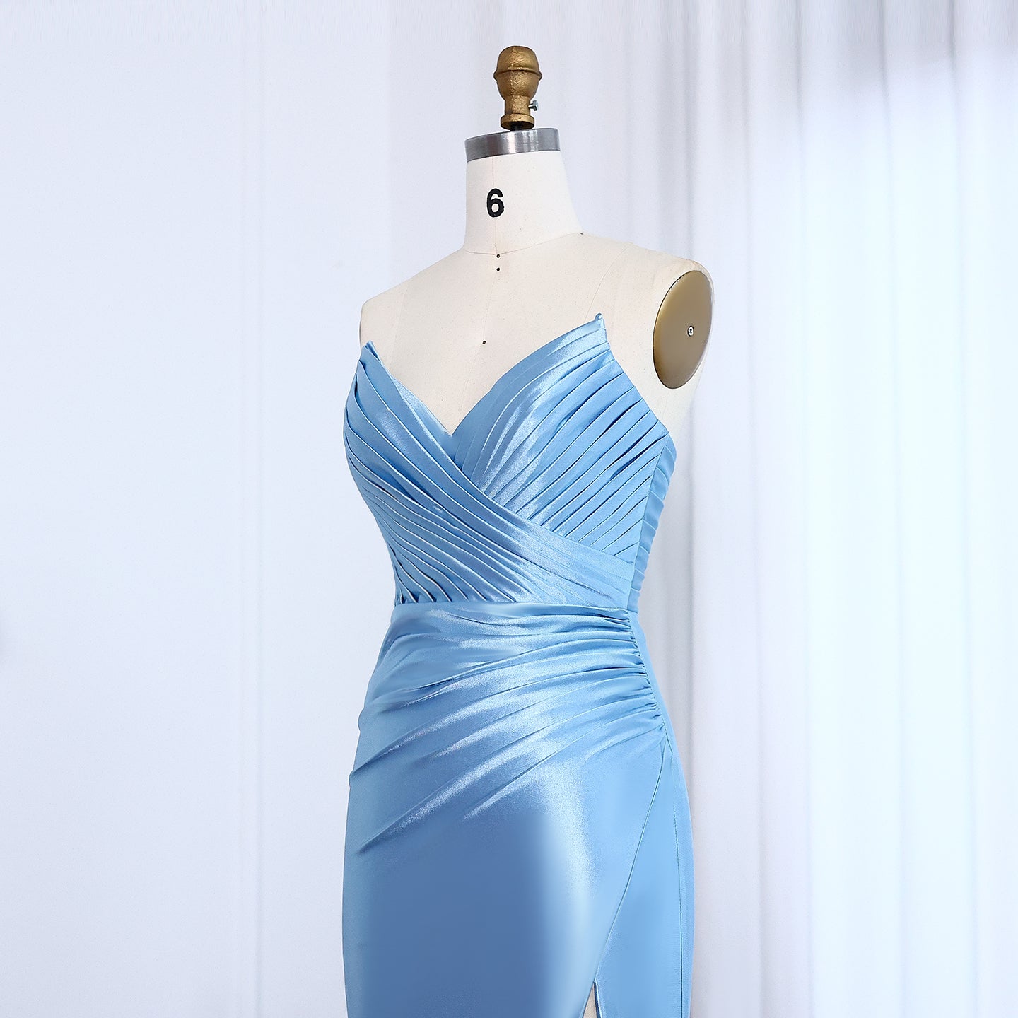 Light Blue Satin Sweetheart Neckline High Slit Evening Gown SH014