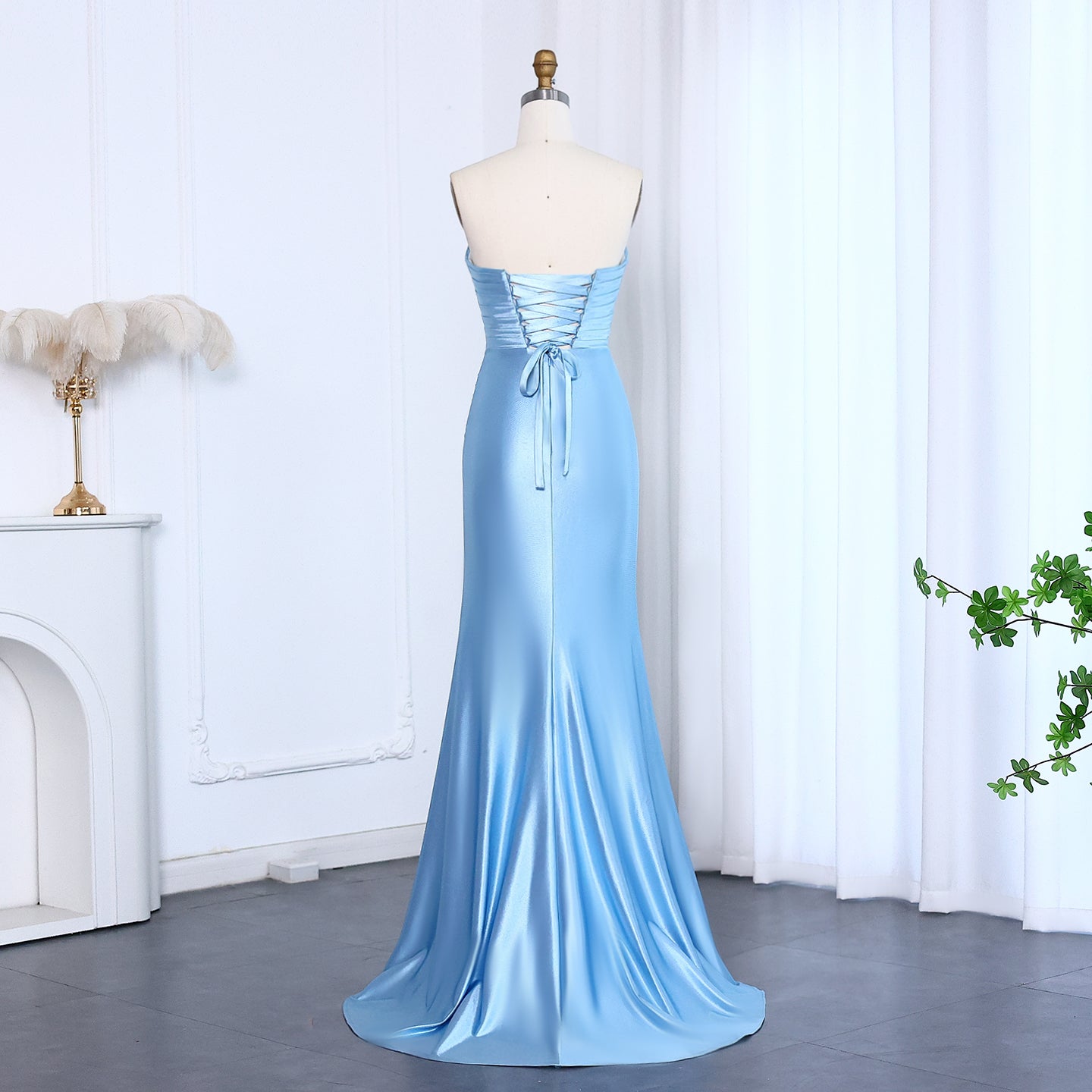 Light Blue Satin Sweetheart Neckline High Slit Evening Gown SH014