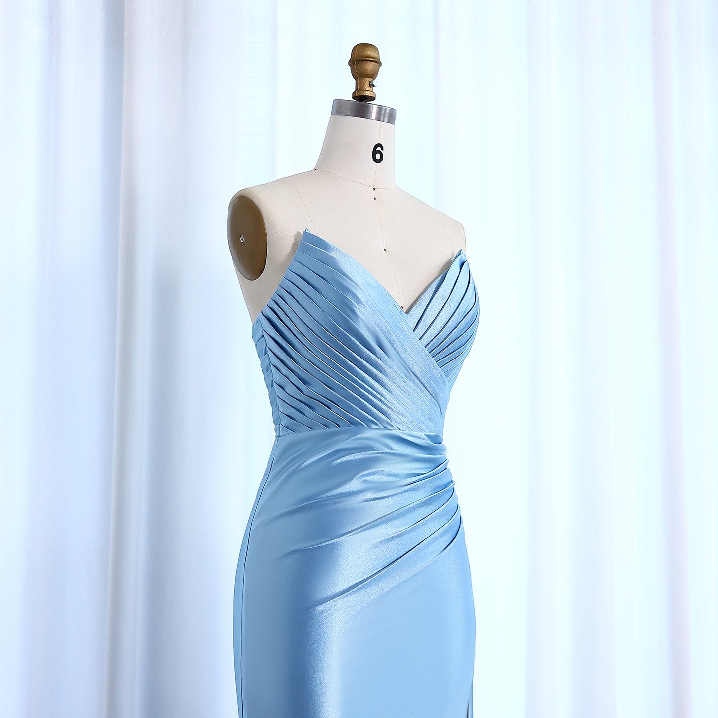 Light Blue Satin Sweetheart Neckline High Slit Evening Gown SH014