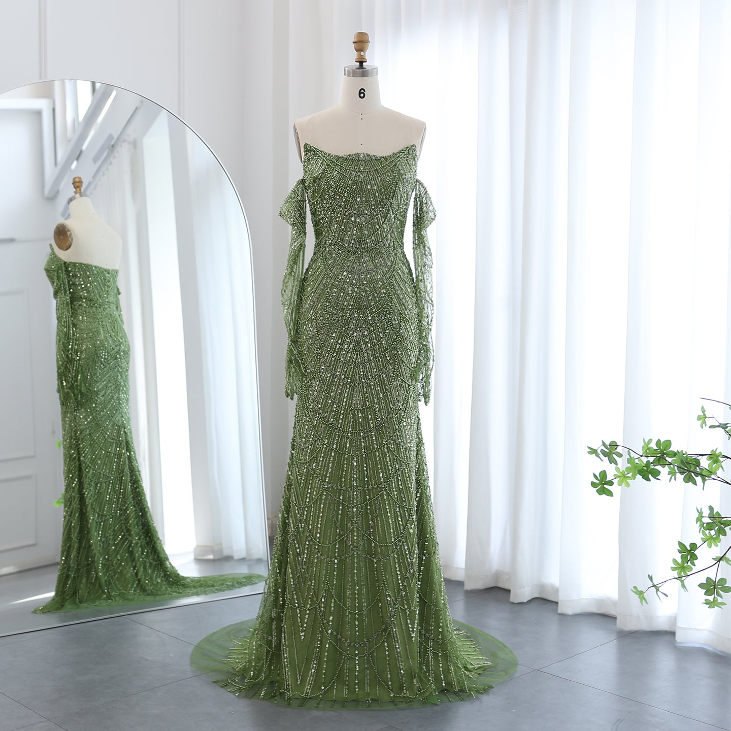 Luxury Beaded Green Mermaid Evening Dress with Gloves SS606