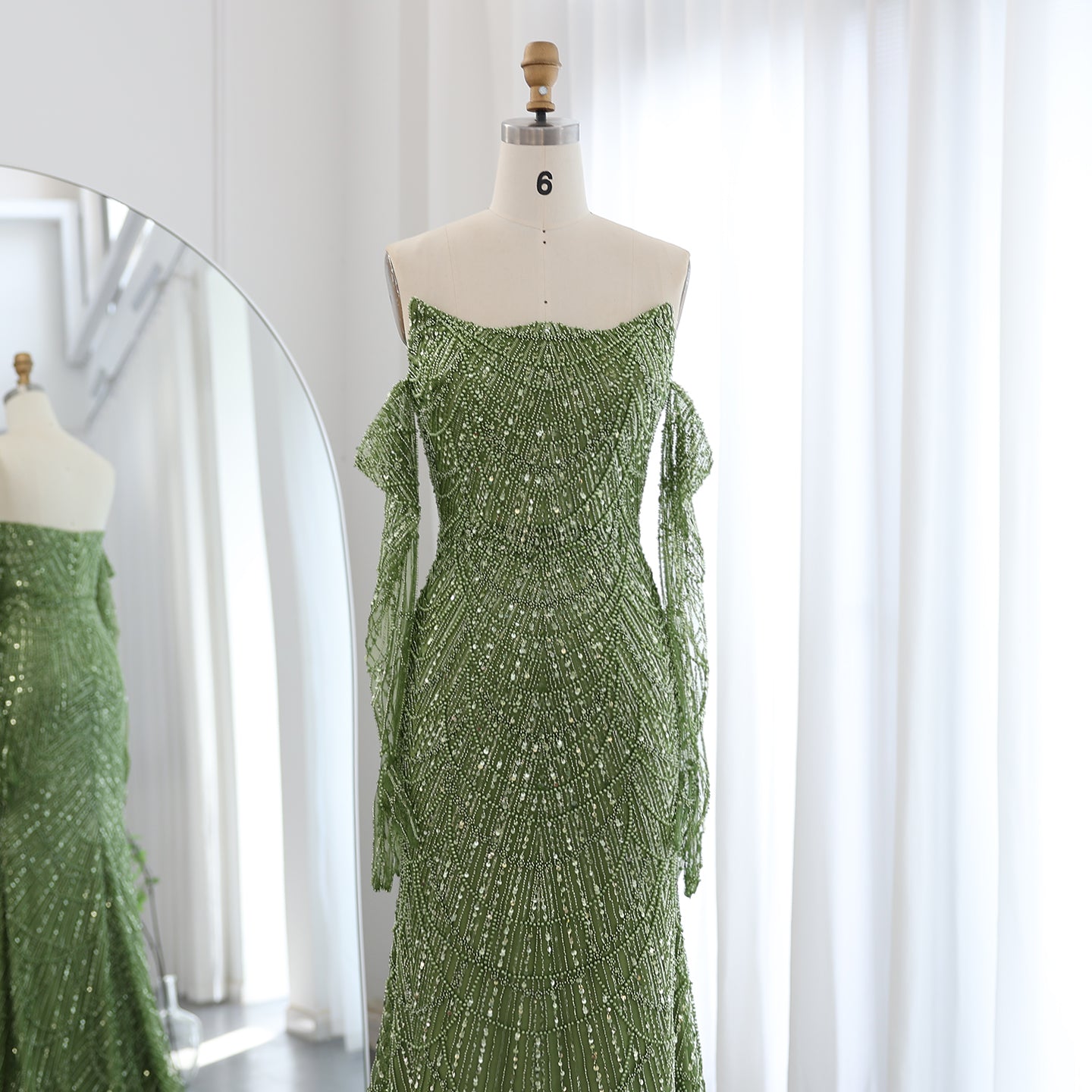 Luxury Beaded Green Mermaid Evening Dress with Gloves SS606