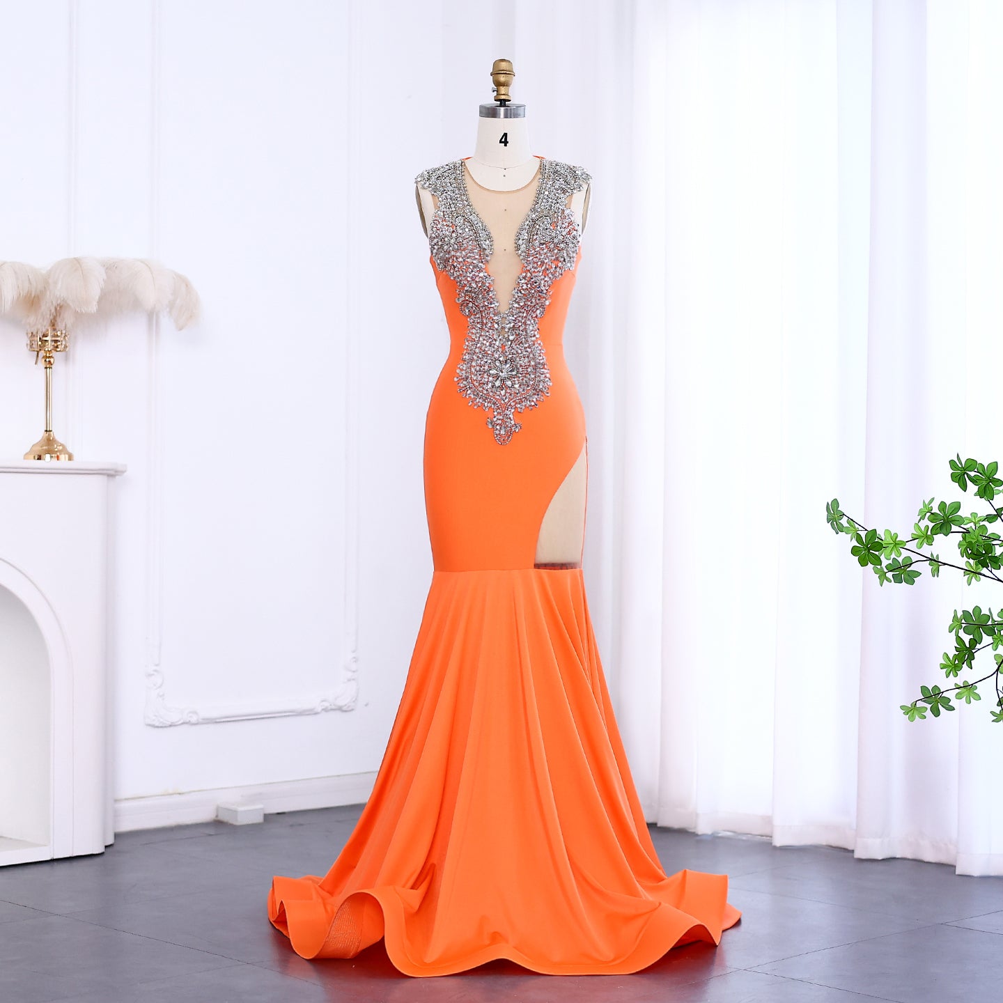 Orange Crystal Rhinestone Plunging Prom Dresses SH002