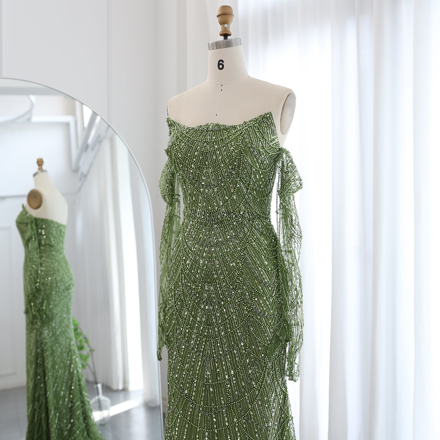 Luxury Beaded Green Mermaid Evening Dress with Gloves SS606