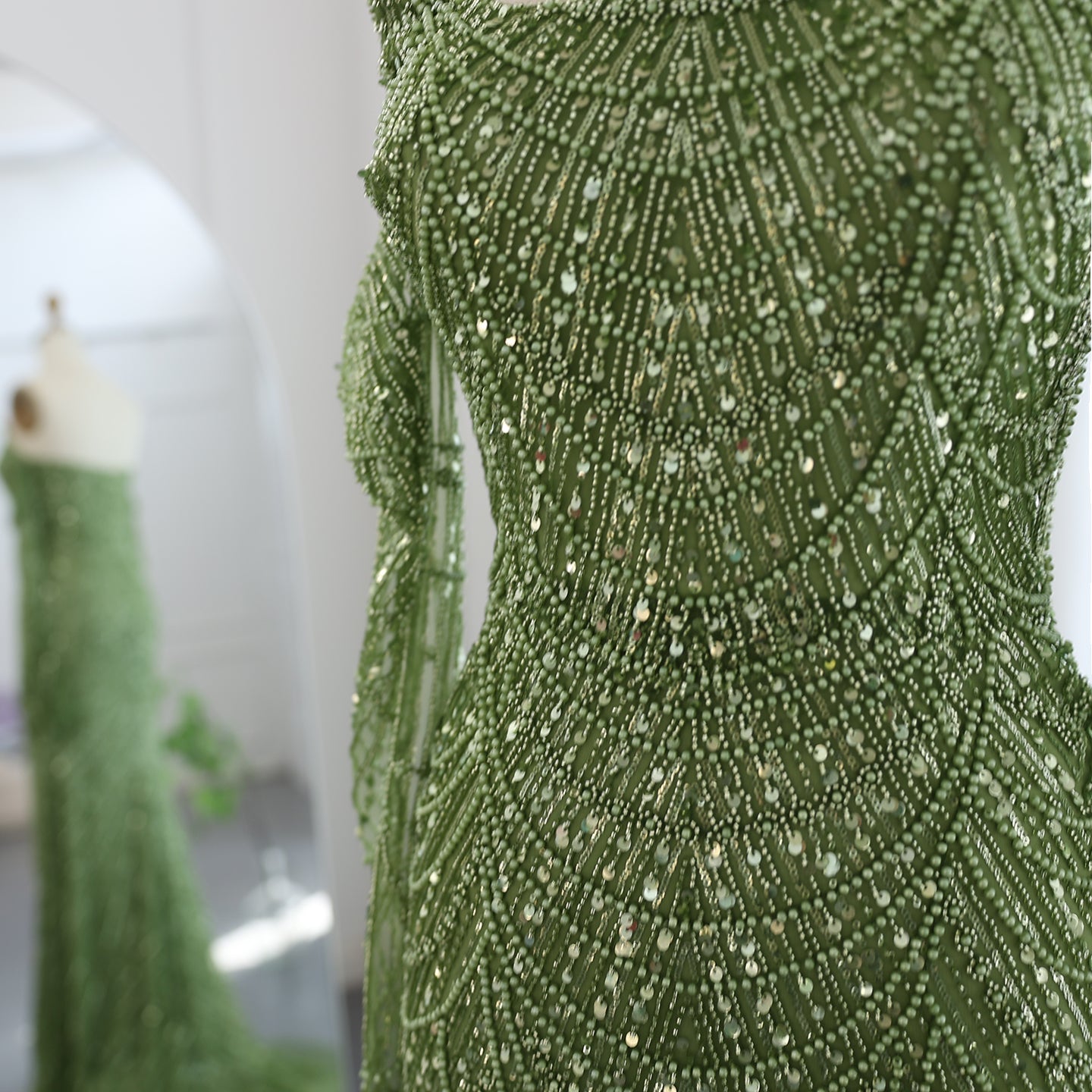 Luxury Beaded Green Mermaid Evening Dress with Gloves SS606